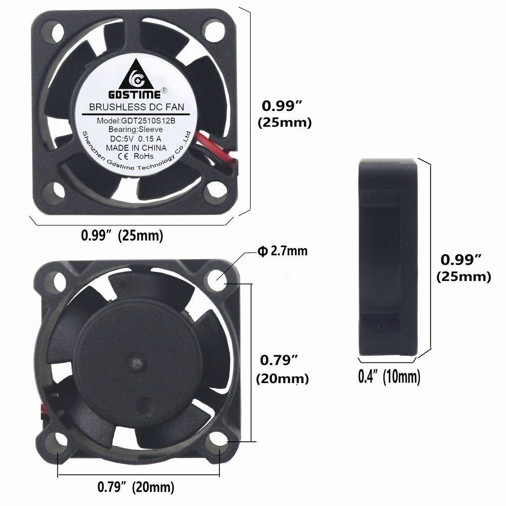 Gdstime 25Mm X 25Mm X 10Mm 2.5Cm Small 12V Brushless Dc Mini Cooling Fan