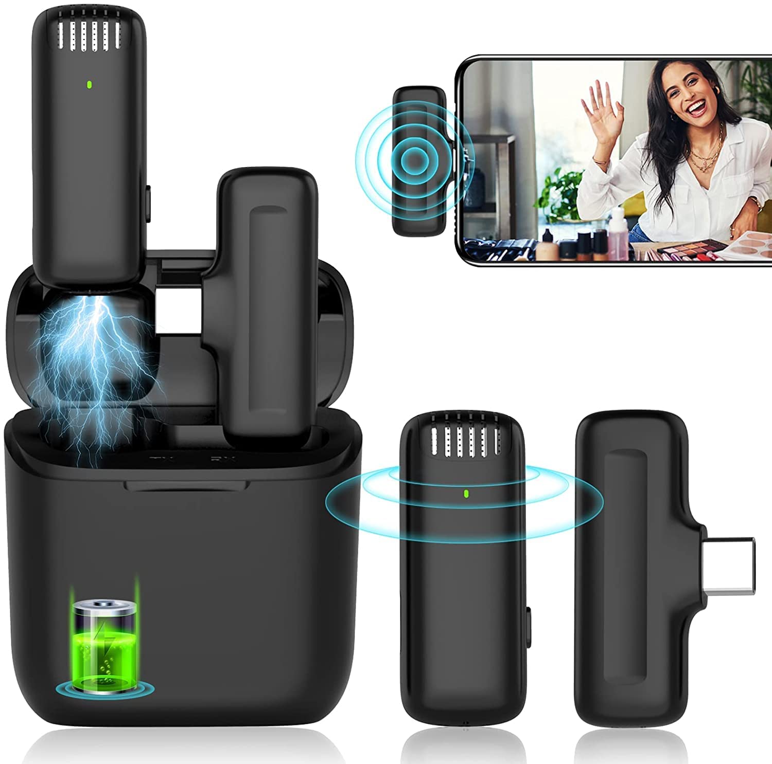 Careflection Wireless Clip Mic, Wireless Lavalier Microphones, Clipon Microphone(Aisizo, for Smartphone, Laptop, Video Recordin