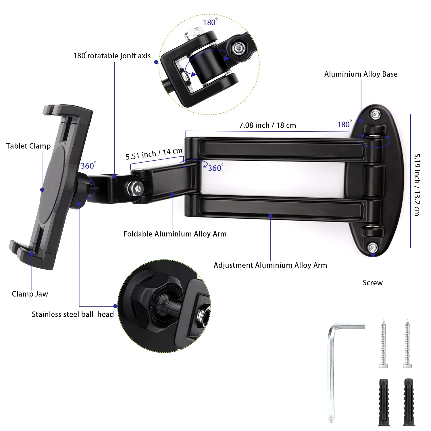 Mippko Foldable Tablet Wall Mount Holder For 7~12.9 Inch Tablets Ipad/Nexus/Lg G Pads/E Reader/Switch, Adjustable Extension Articulating Arm Swivels Mount (Black)