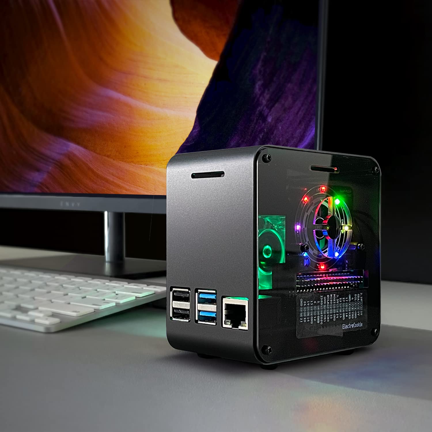 Electrocookie Raspberry Pi 4 Case, Aluminum Mini Tower Case With Cooling Fan And Color Changing Ambient Light (Matte Black & Dar