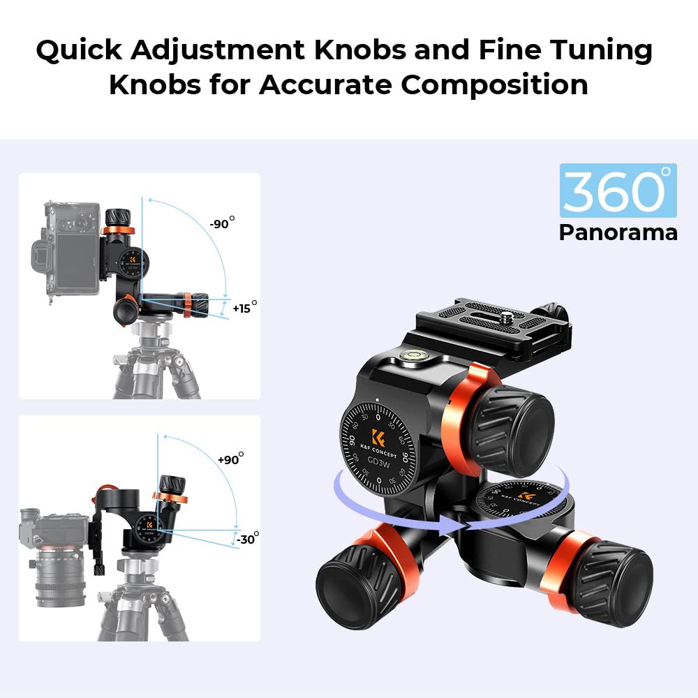 K&F Concept 3 Way Geared Tripod Head, Millimeter Micro Adjustment, Full Cnc Aluminum Alloy Tripod Head, Maximum Load Capacity Of 6Kg For Star Shooting, Commercial Photography, Etc.