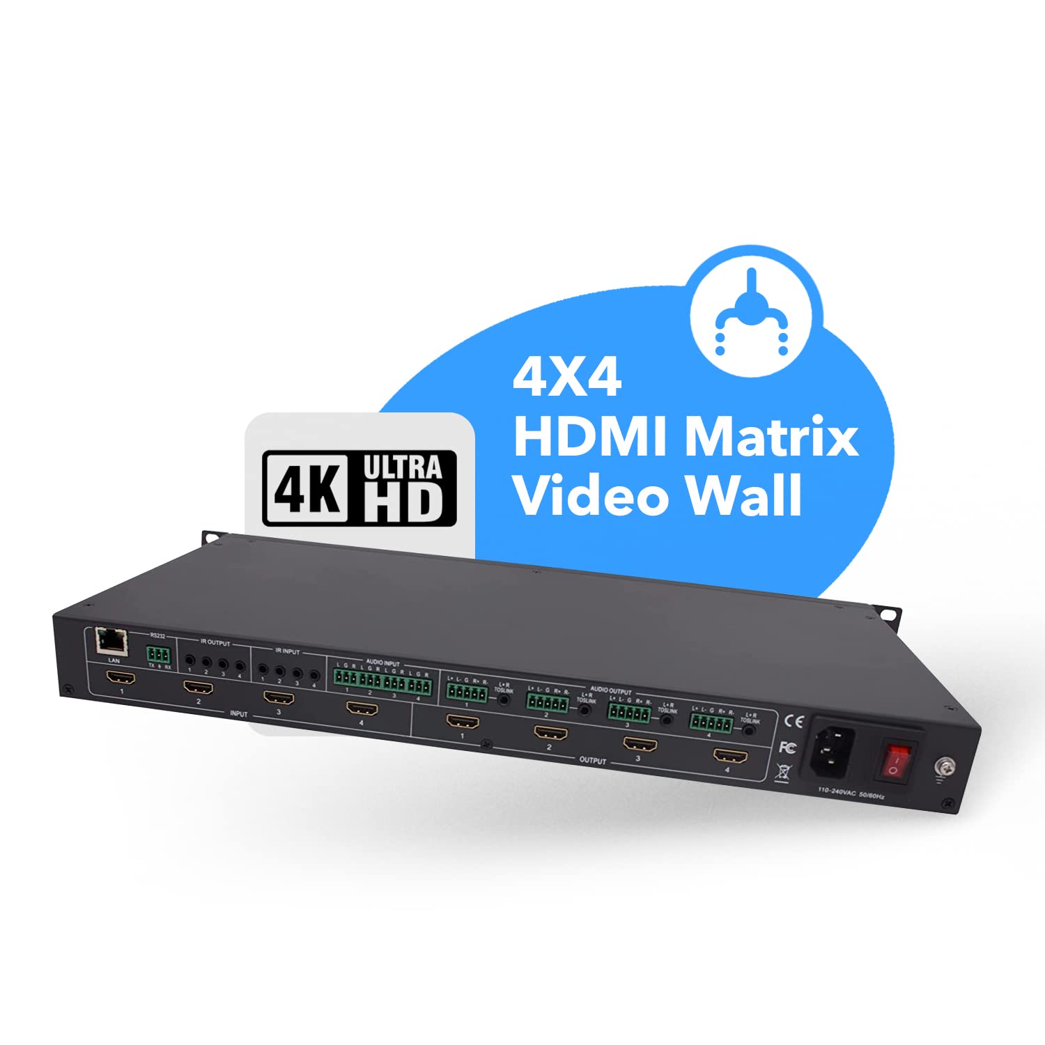 Orei Professional 4K 4X4 Hdmi Matrix Video Wall, Seamless Switching Hdcp 2.2 Ultrahd 4K @ 60Hz 4:4:4 Switcher & Ir Control, Audi