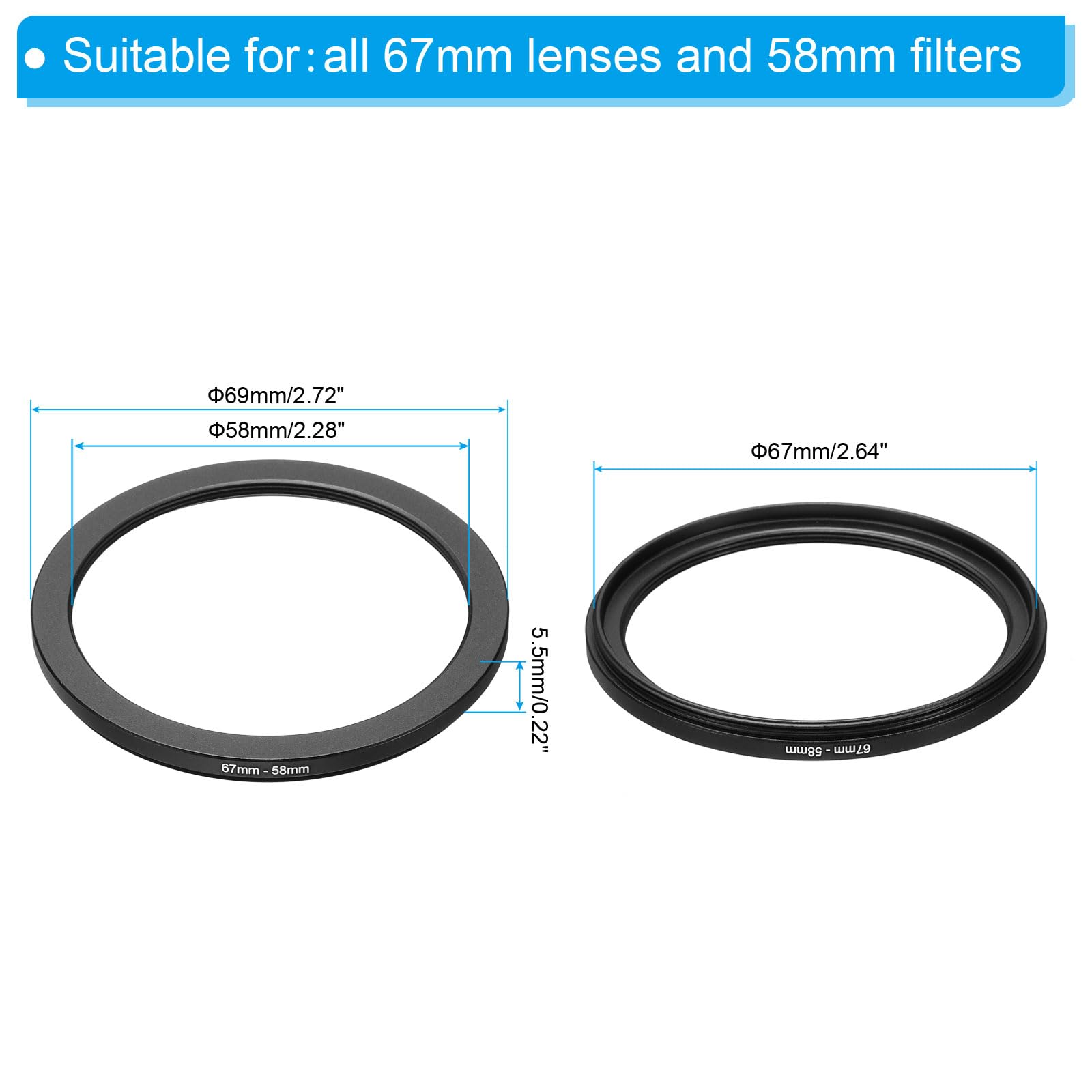 Patikil 67Mm 58Mm Metal Step Down Ring, Camera Lens Filter Adapter Ring Aluminum Filter Adapter Ring For Camera Lenses Hood, Bla