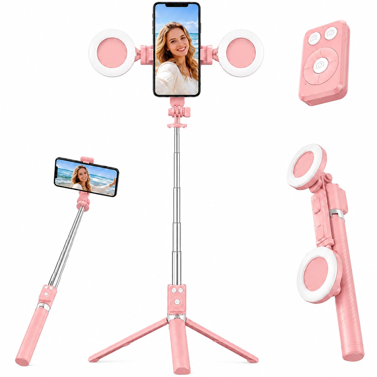Selfie Stick Tripod with Light and Bluetooth Remote, 67 Extendable Mini Tripod Stand for iPhone Samsung Android, 6 in 1 Wireless