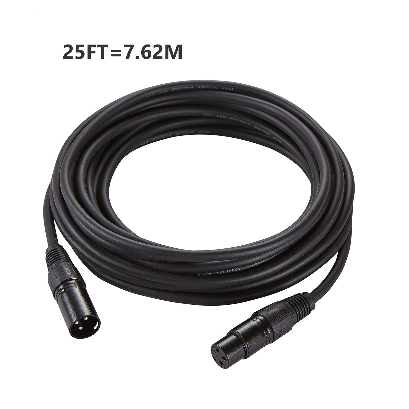 Mfl. 25 Ft Flexible Dmx Cable 3 Pin Signal Xlr Male To Female Cable Wire For Stage Lighting Dj Lights, 110 Ohms Impedance, Black