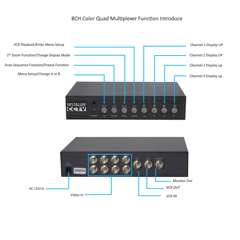 Installercctv Video Quad Color 8Ch Multiplexer, Remote Control And Free 1Amp Power Adapter�