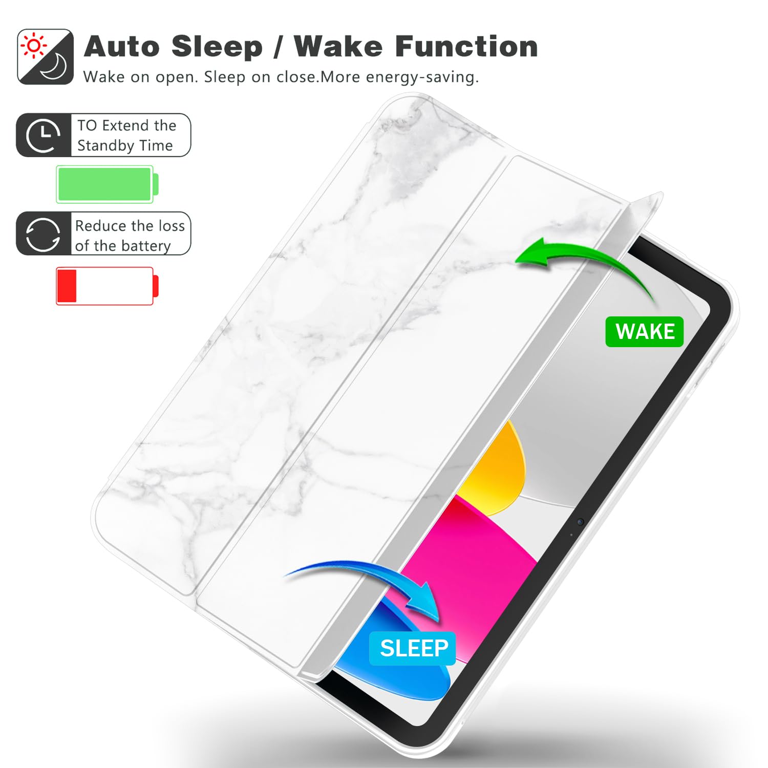 Imieet New Ipad 10Th Generation Case 2022 10.9 Inch With Pencil Holder, Trifold Stand Smart Case With Soft Tpu Back,Auto Wake/Sleep(New Marble White)