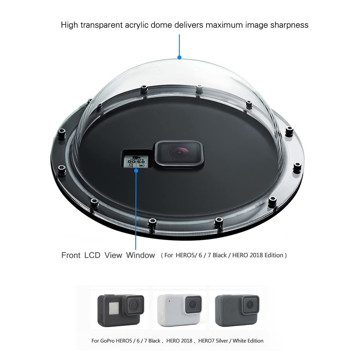 Soonsun Dome Port Lens For Gopro Hero 5 6 7 Black Silver White Hero (2018) With Waterproof Housing Case Trigger Floating Hand Gr