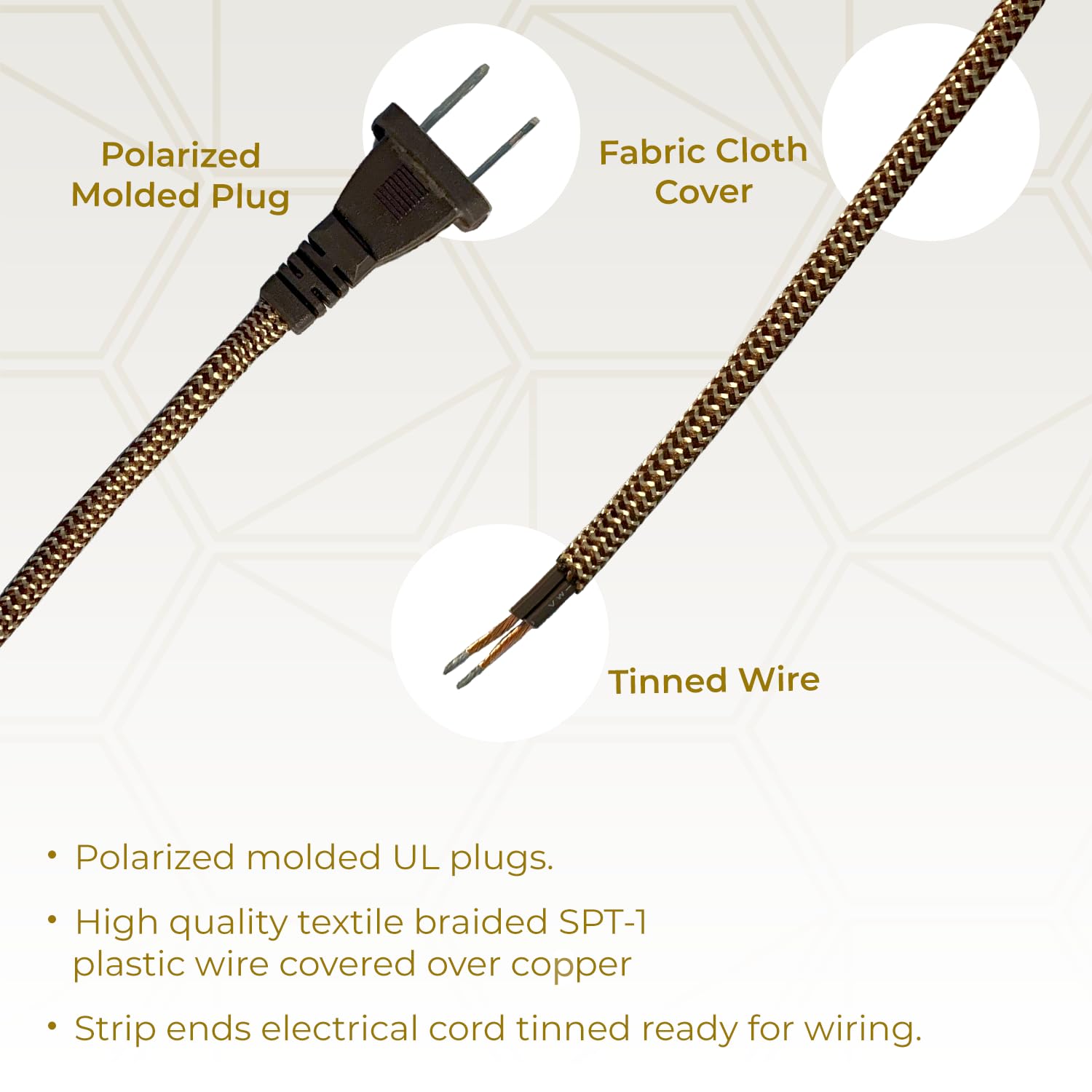 Royal Designs, Inc. Lamp Cord Molded Plug With Dimmer Switch, Stripped Ends Ready For Wiring, 8 Ft Long, Brown/Gold, Spt 1 Ul Li