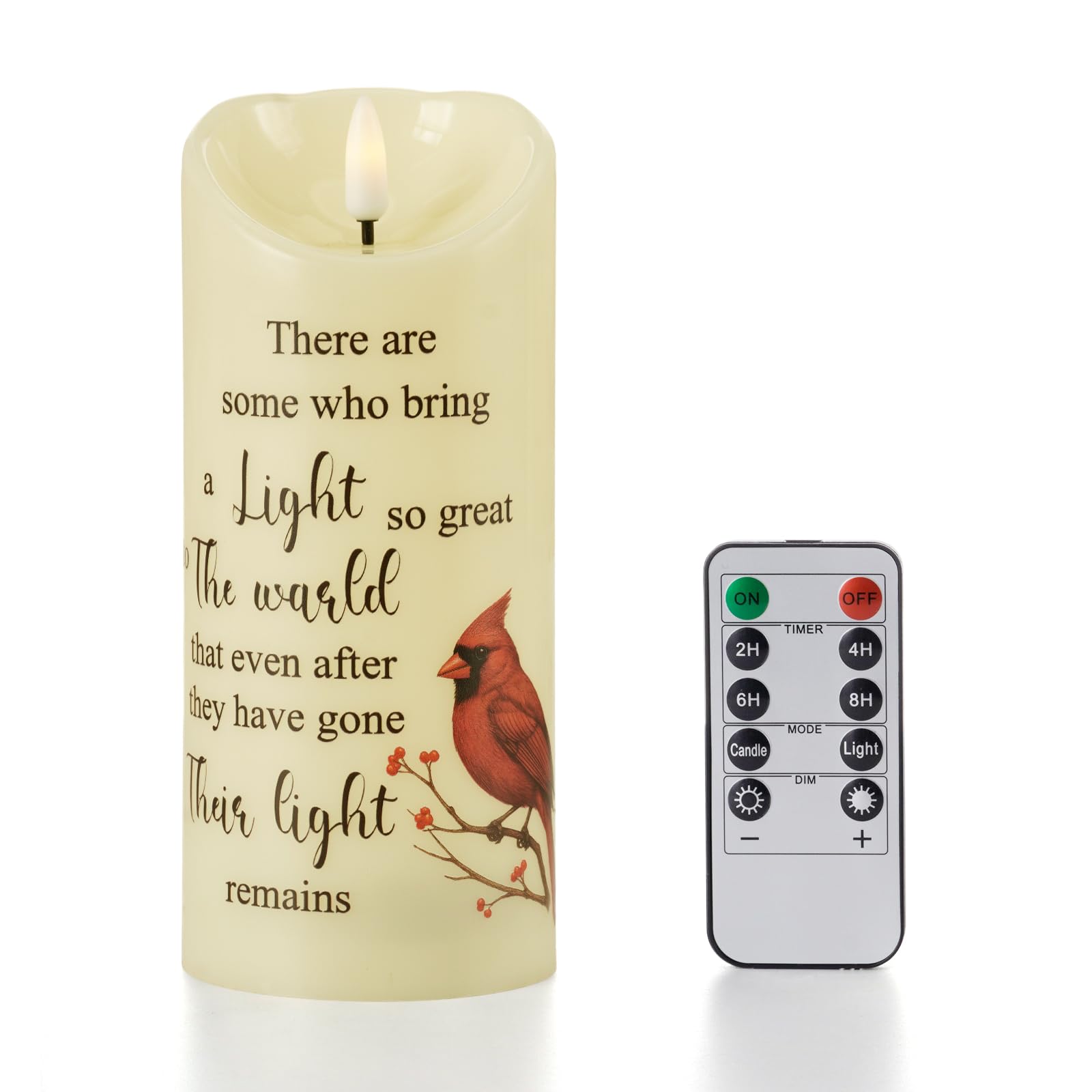 MULCHUM Memorial Flameless LED Pillar Candle with Remote Timer Sympathy Gift for Loss of Loved One Battery Operated Cardinal Poe