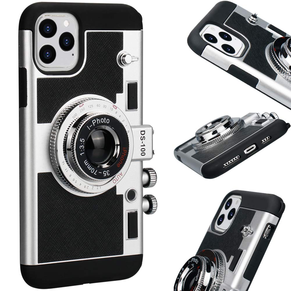 Awsaccy iPhone 14 Pro Max Phone Case Emily in Paris Vintage Camera Design Silicone Black with Neck Strap Lanyard