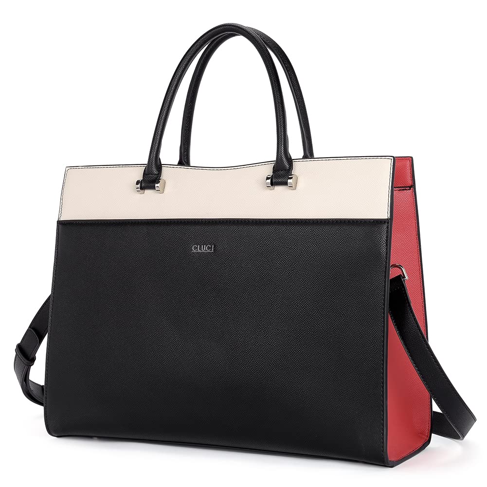 Cluci Leather Women Briefcase Office Laptop Bag Shoulder 15.6Inch Computer Handbag Black With Beige
