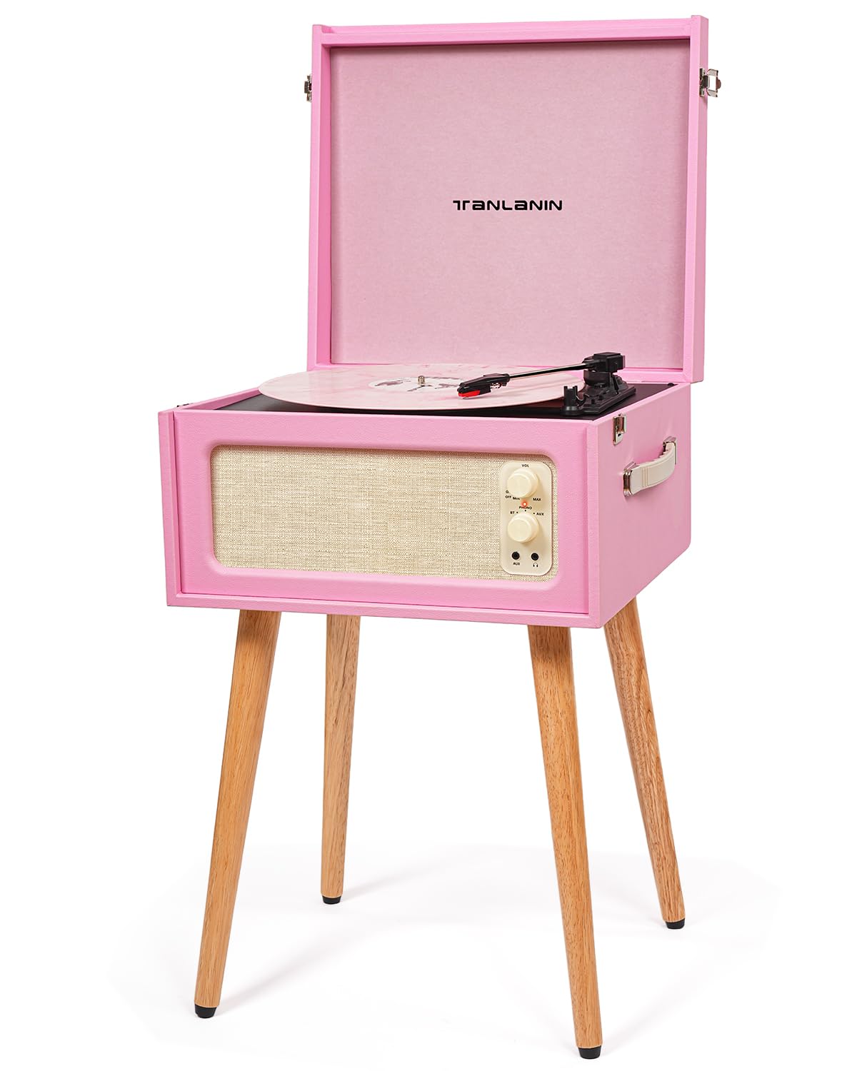 Vintage Standing Pink Vinyl Record Player with Detachable Legs, Built-in 4 Speakers, USB to PC Encoding, 33/45/78 RPM LP Player