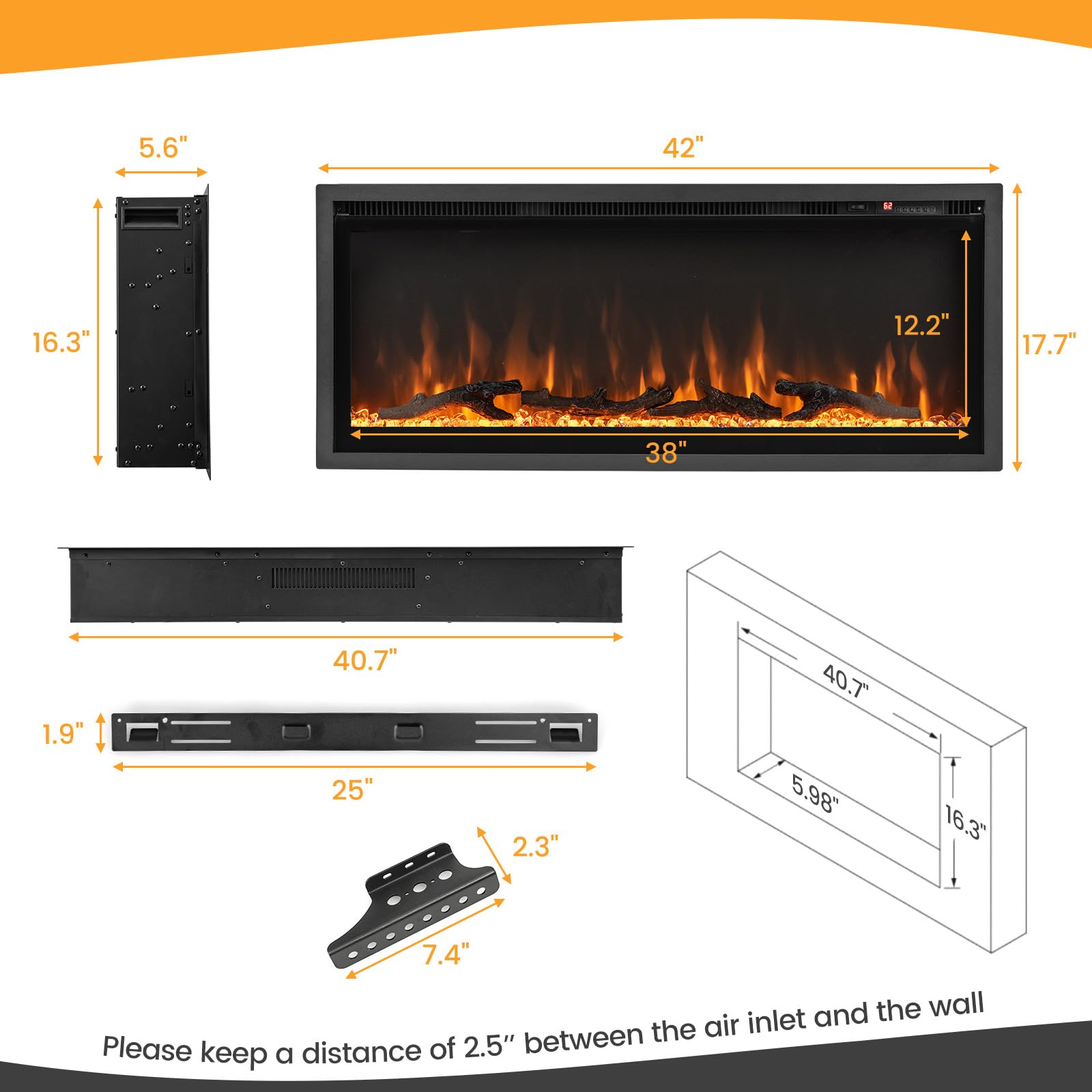 Tangkula 42 Inches Electric Fireplace In Wall Recessed, Wall Mounted And Freestanding, 750W/1500W Linear Fireplace Heater With R
