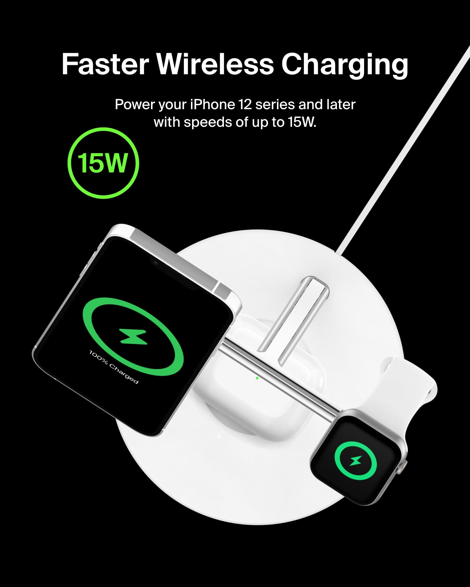 Belkin Magsafe 3 In 1 Wireless Charging Stand (Older 2021 Release) For Apple Watch, Iphone Series, Airpods   White