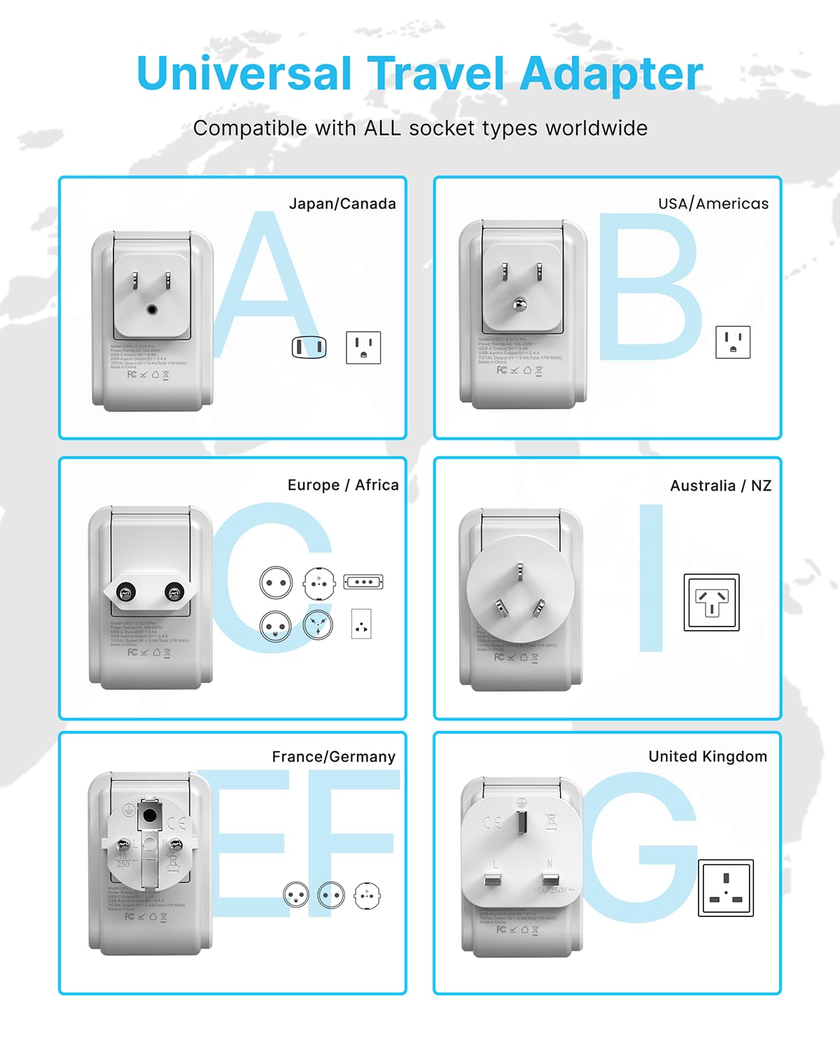 Vintar Universal Travel Adapter Kit, International Power Adapter With 4 Ac & 3 Usb Ports(2 Usb C), Type A,B,C,E/F,G,I, Swap Adap