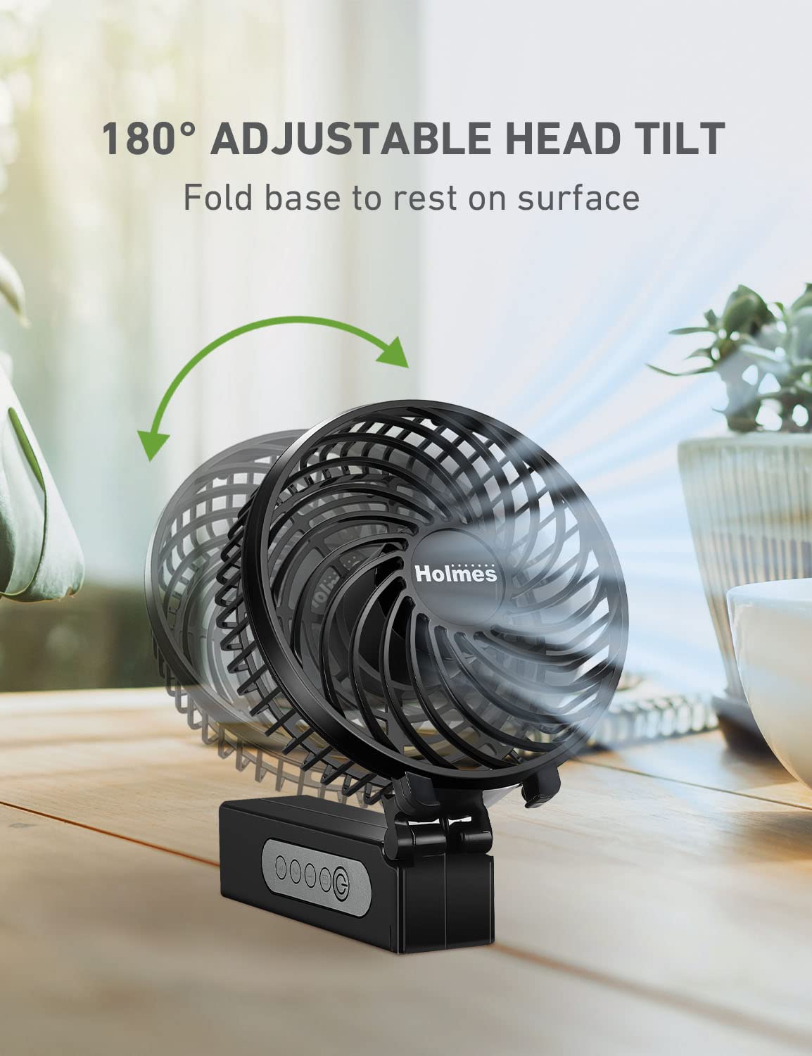 Holmes 4' Portable, Handheld, Personal Or Desk Fan, 3 Speeds, Rechargeable Battery, Usb C Charging Cable, 180� Adjustable Head, Lightweight, Compact, Ideal For On The Go Use Or Home And Office, Black