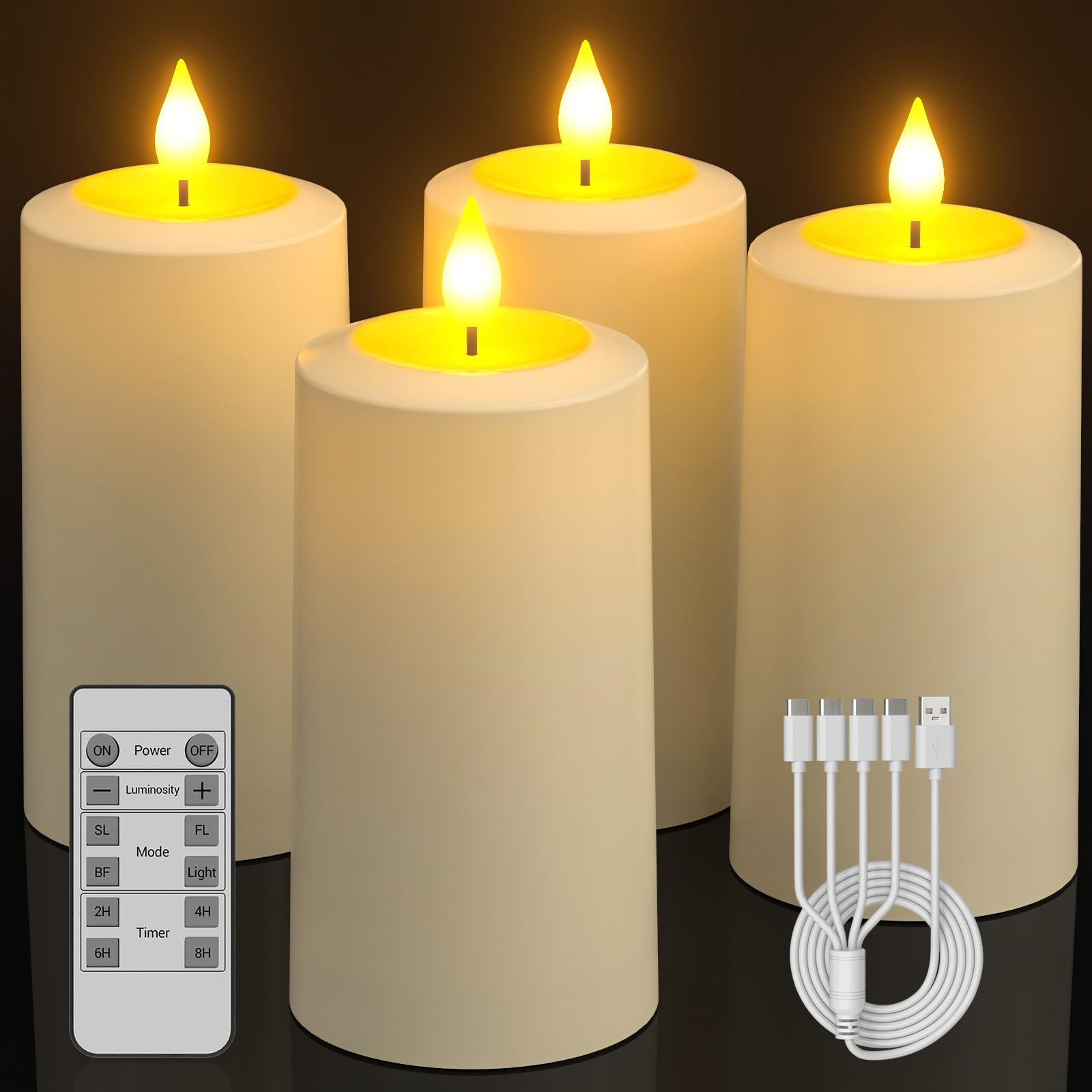Soulbay Flameless Led Candles, 4-Pack Usb Rechargeable, Flickering Waterproof White Pillar Candles With Remote Control Timer For
