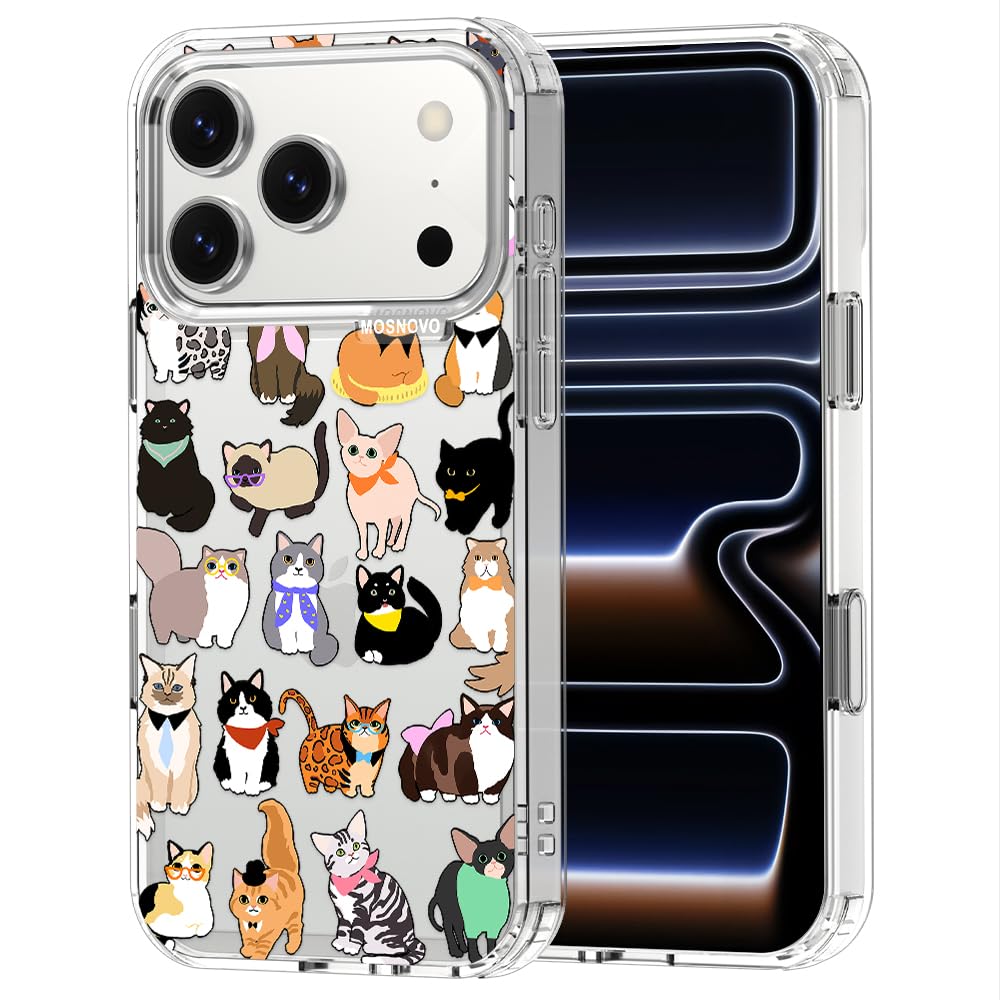 MOSNOVO for iPhone 17 Pro Case | Military Grade 6.6ft Drop Tested | Camera Control | Clear with Cute Cats Design