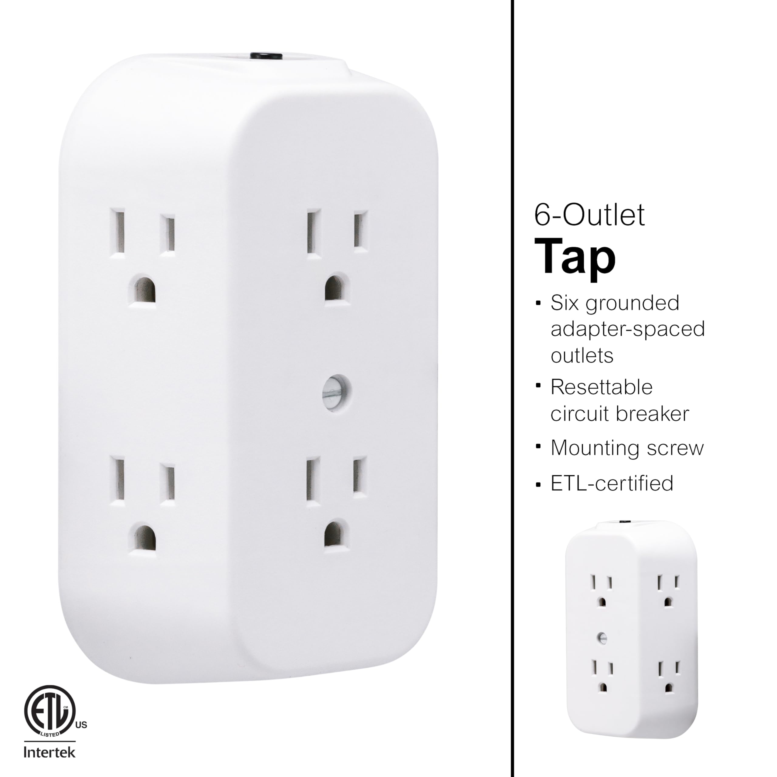 Ge 6-Outlet Extender, Grounded Wall Tap, Reset Button, Circuit Breaker, Adapter Spaced Outlets, 3-Prong, Multiple Plug, Quick An