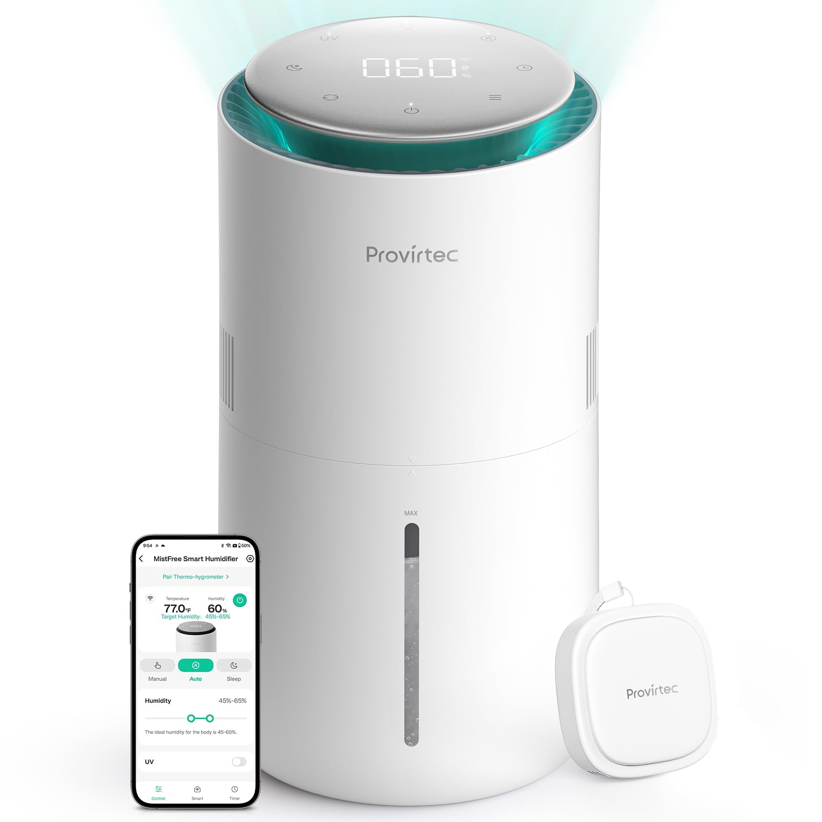 Provirtec Mistfree Smart Humidifier For Bedroom, Evaporative Humidifier No White Dust, Auto Humidity & App Control, 3L Water Tan