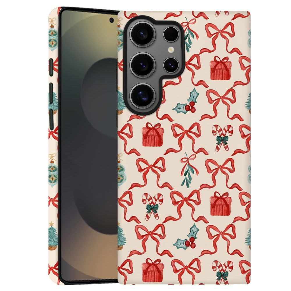 TnXee Case for Samsung Galaxy S25 Ultra,Red Green Christmas Tree Scroll Bow Phone Case Drop Resistant Frosted 2 in 1 Solid Dual-