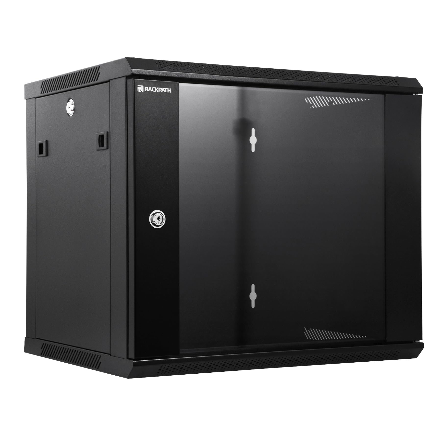 Rackpath 9U Performance Wall Mount Server Cabinet Network Rack Enclosure, Quiet Cooling Fan, Locking Glass Door, Black