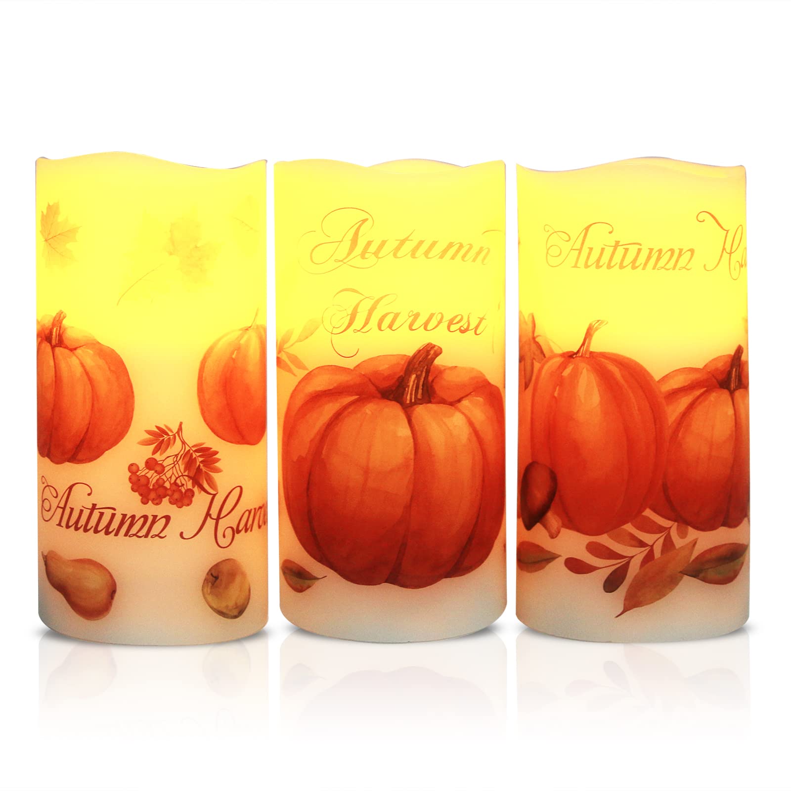 Lordearon Fall Pumpkin Flameless Candles Real Wax Led Candles Thanksgiving Decor Battery Operated Thanksgiving Pillar Candles Wi