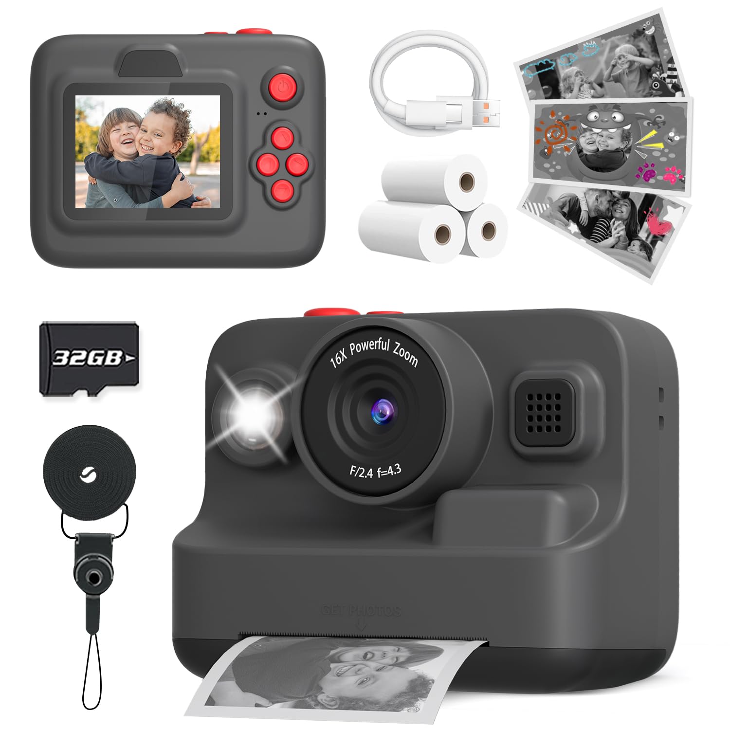 Yehtta Kids Camera Instant Print, Christmas Birthday Gifts For 3 12 Year Old Boys Girls, 2.4In Screen 1080P Kids Digital Camera 