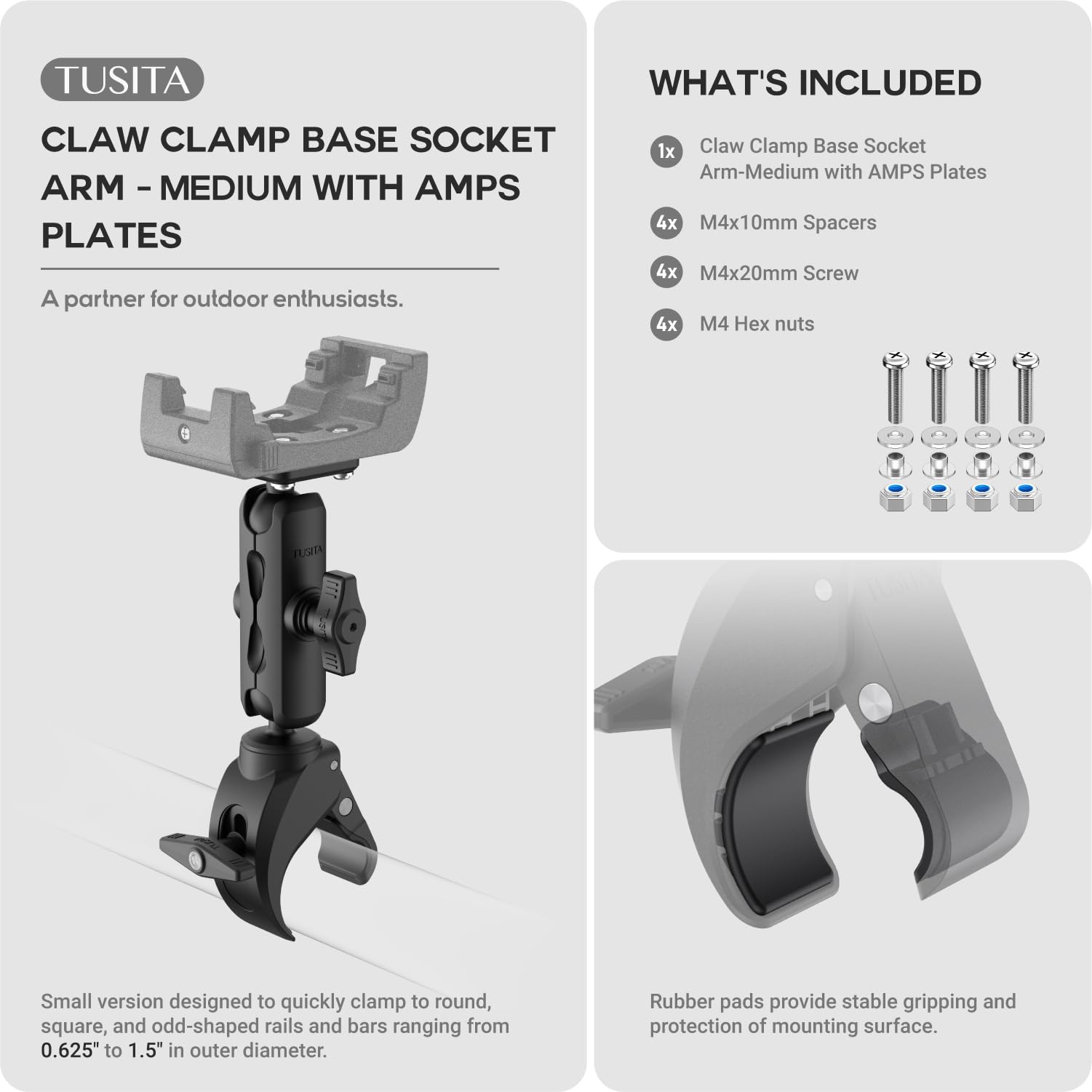 Tusita Motorcycle Atv/Utv Mount Compatible With Garmin Montana, Zumo Xt   Claw Clamp Base,Medium Arm