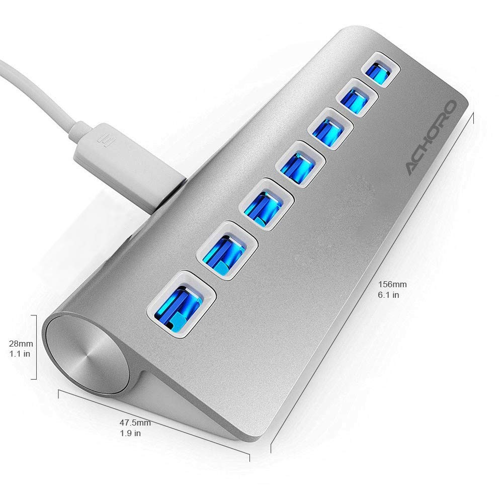 Achoro 7 Ports Usb 3.0 Hub   Triangle Aluminum Alloy   High Speed Usb Port Expander   Compatible With Pc, Imac, Macbook, Windows, Desktop, And More � Computer Multiple Usb Hub (Silver)