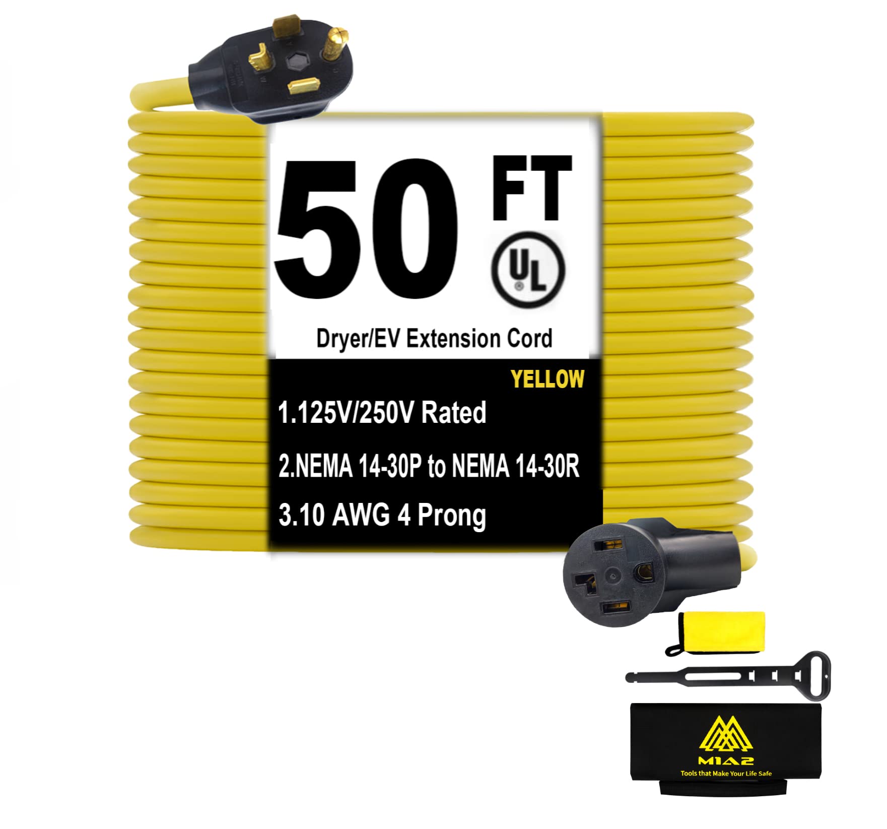 M1A2 Dryer Extension Cord 4 Prong 30 Amp Nema 14 30P To 14 30R,50 Ft Level 2 Ev Charging 125V/250V Plug Stw 10 Gauge Ul Listed