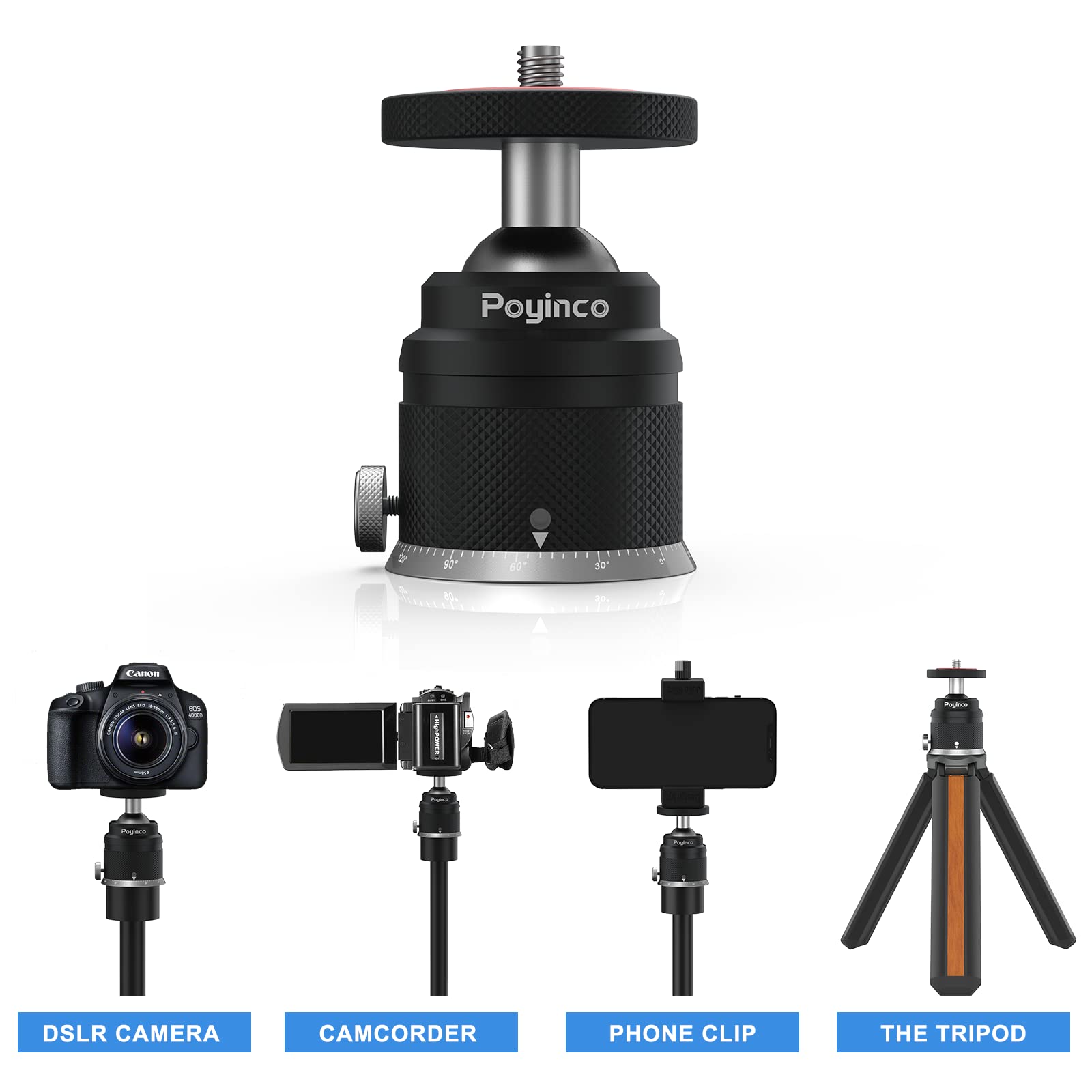 Poyinco Camera Tripod Mini Ball Head With 1/4' Hotshoe Mount Adapter 360 Degree Rotatable Aluminum Tripod Head For Monopod Dslr Cameras Phone Gopro Max Load 6.6Lbs/3Kg