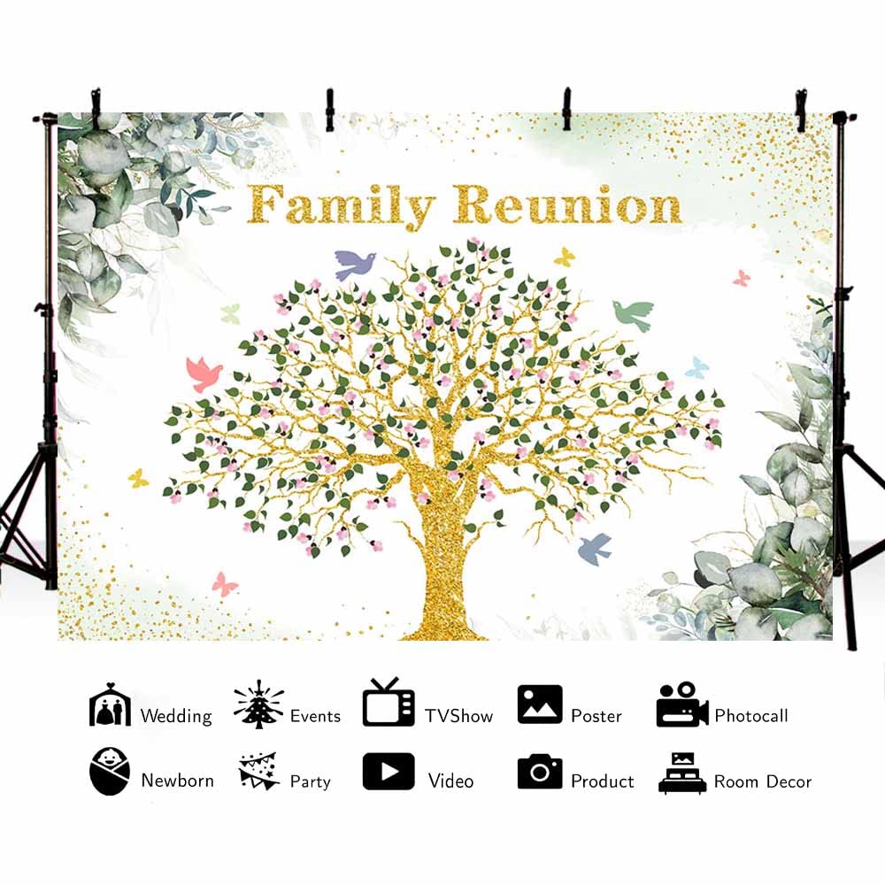 Mehofond 8X6Ft Family Reunion Backdrop Family Tree Photography Background Pink Floral Green Eucalyptus Leaves Family Party Decor