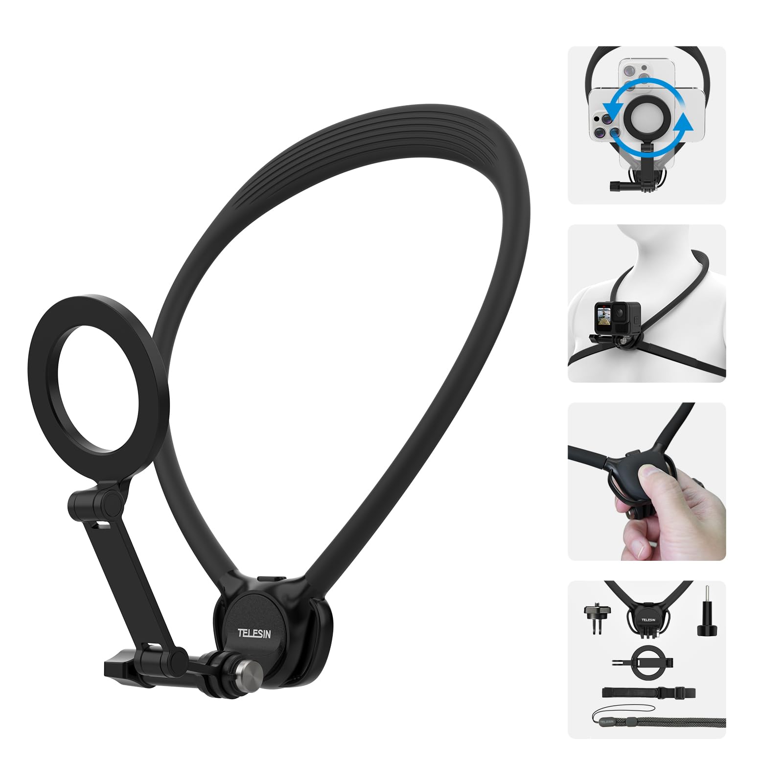 Telesin Neck Mount Se 2.0 Combo Set, Magnetic Phone Holder For Iphone Android, Chest Strap Hand Free Pov Video Phone Stand For I