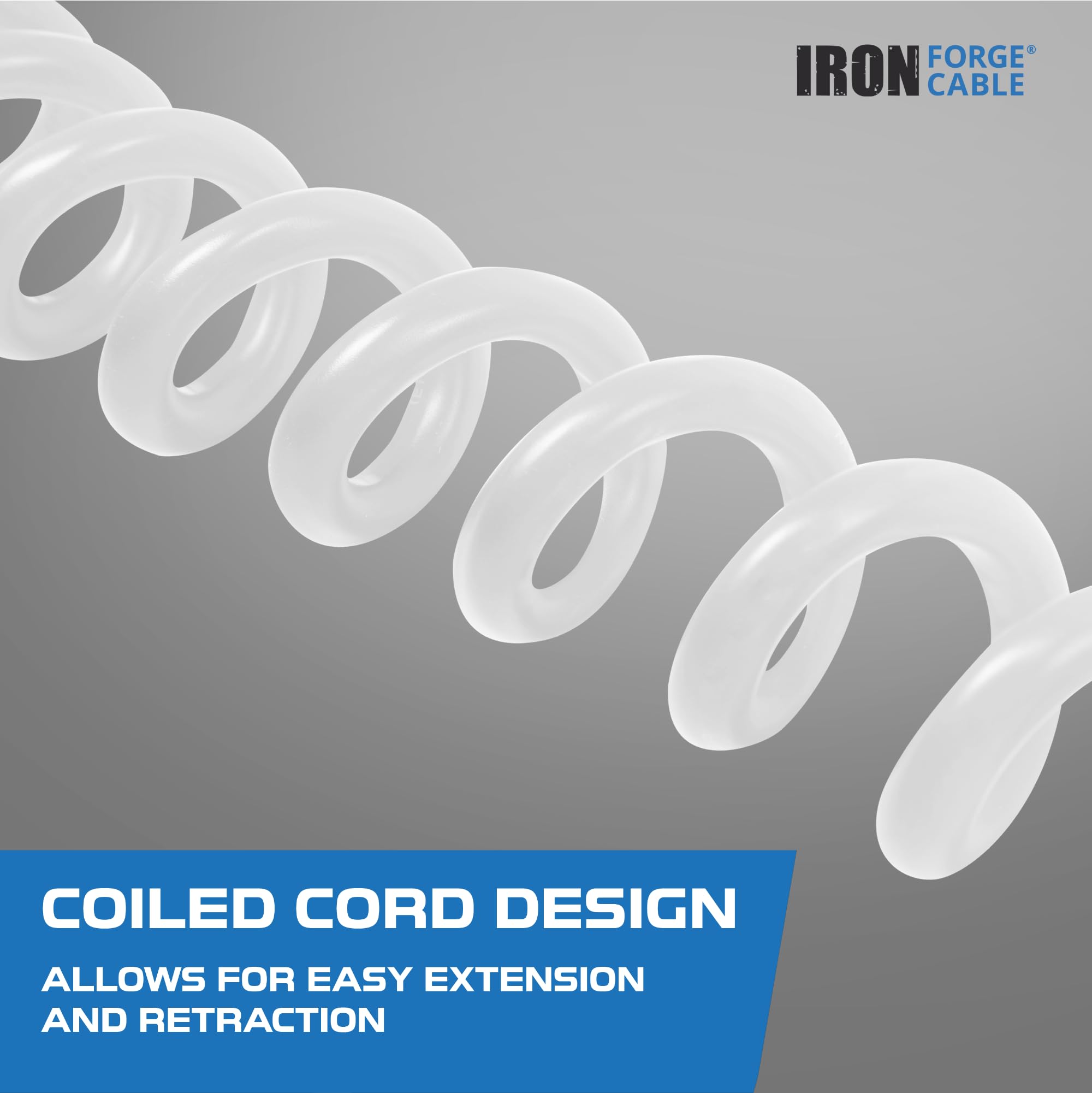 IRON FORGE CABLE 10 ft Coiled Extension Cord, White, 13 Amp, Oil Resistant & Flame Retardant for Indoor & Outdoor Use