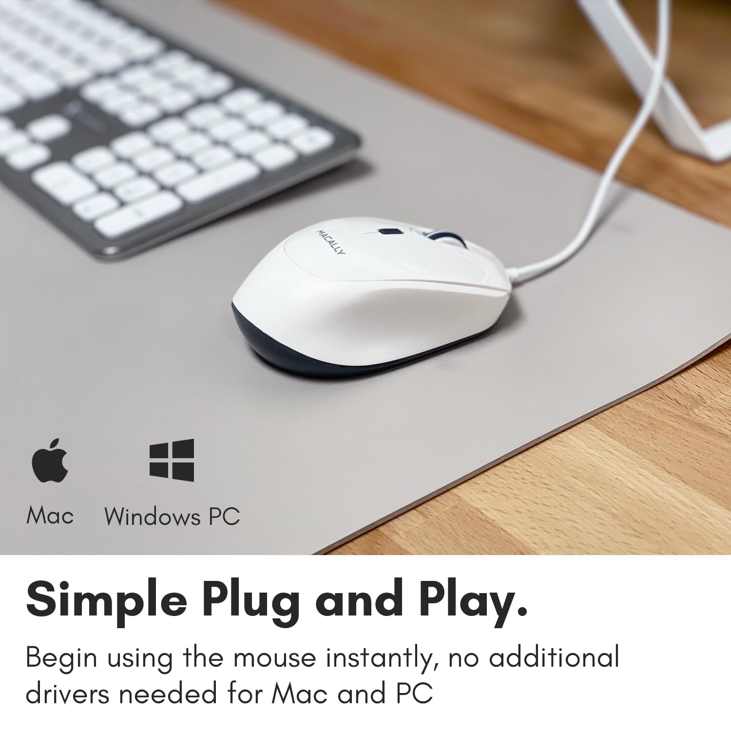 Macally Wired Mac Mouse White (Smooth And Quiet) Comfortable Usb Corded Mouse For Laptop, Chromebook, Pc, Desktop, Notebook, App