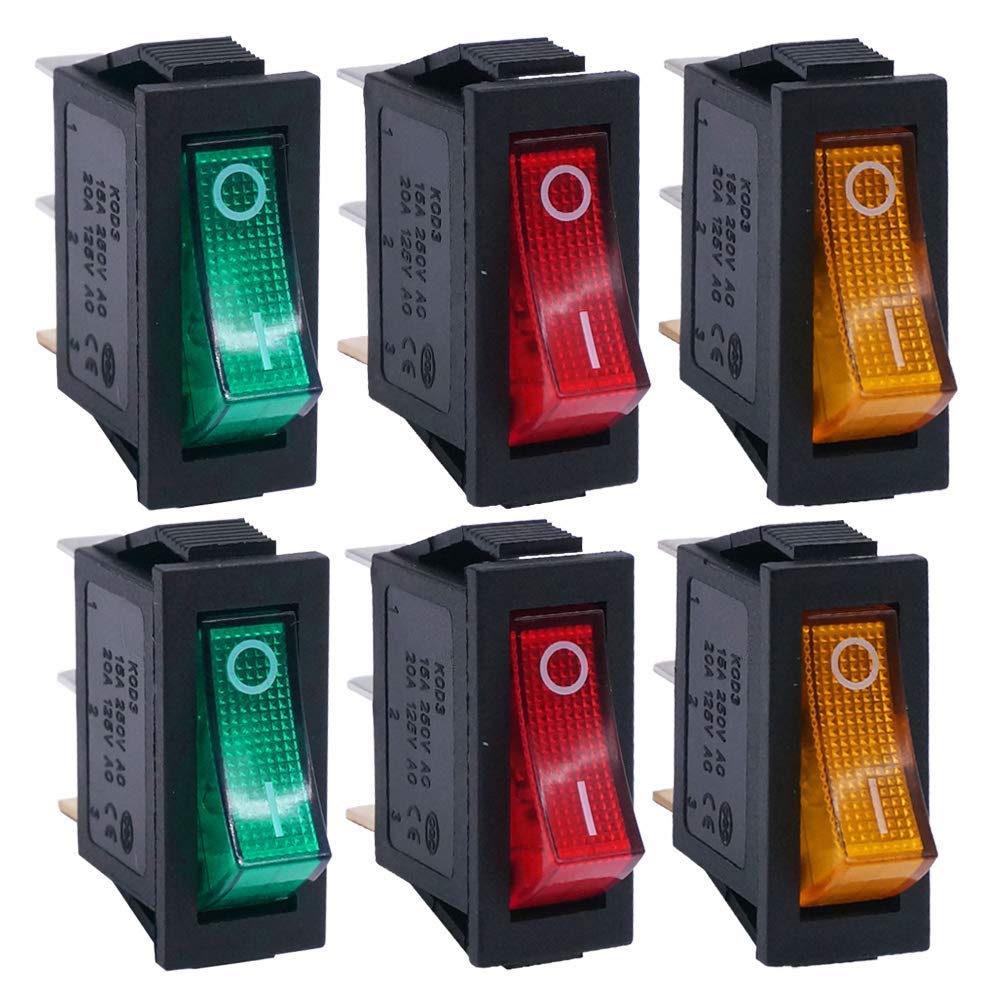 Twidec/6Pcs Rocker Switch 3 Pins 2 Position On/Off Ac 20A 125V 15A 250V Spst Yellow, Red And Green Led Light Illuminated Boat Ro