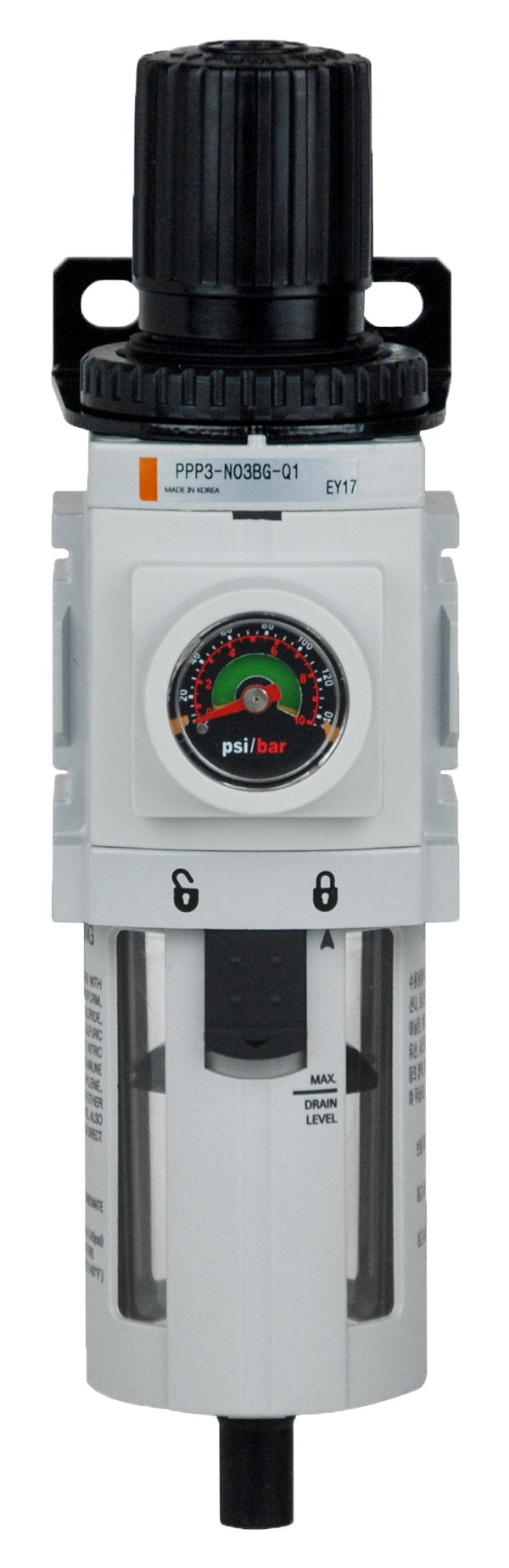 Pneumaticplus Ppp3 N02Bg Compressed Air Filter Regulator Piggyback Combo 1/4'' Npt (High Flow), 5 Micron, Poly Bowl, Manual Drai