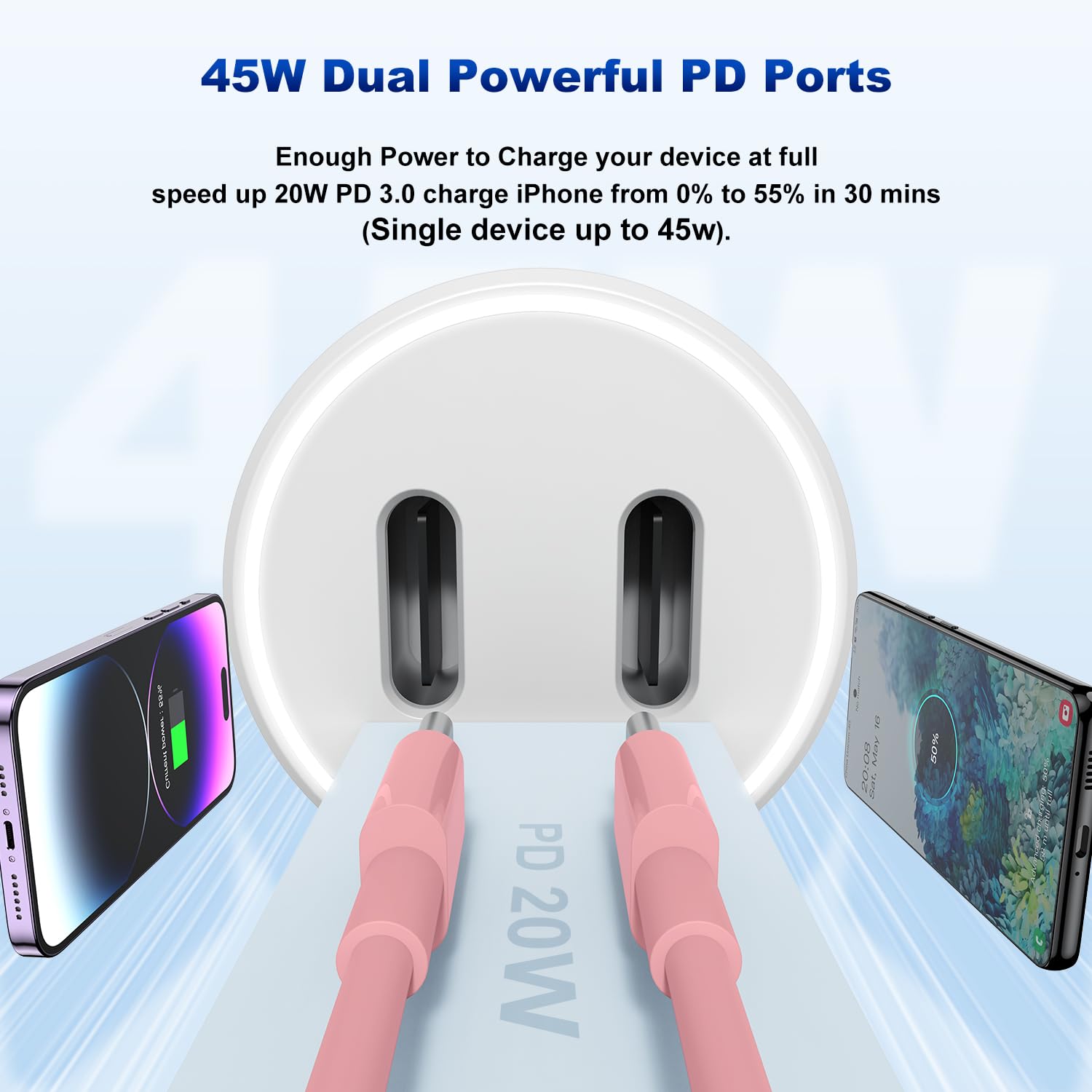 Iphone 14 13 Car Charger, Certified 45W Dual Port Usb C Rapid Apple Car Adapter With 6Ft Type C To Lightning Cable Fast Charging