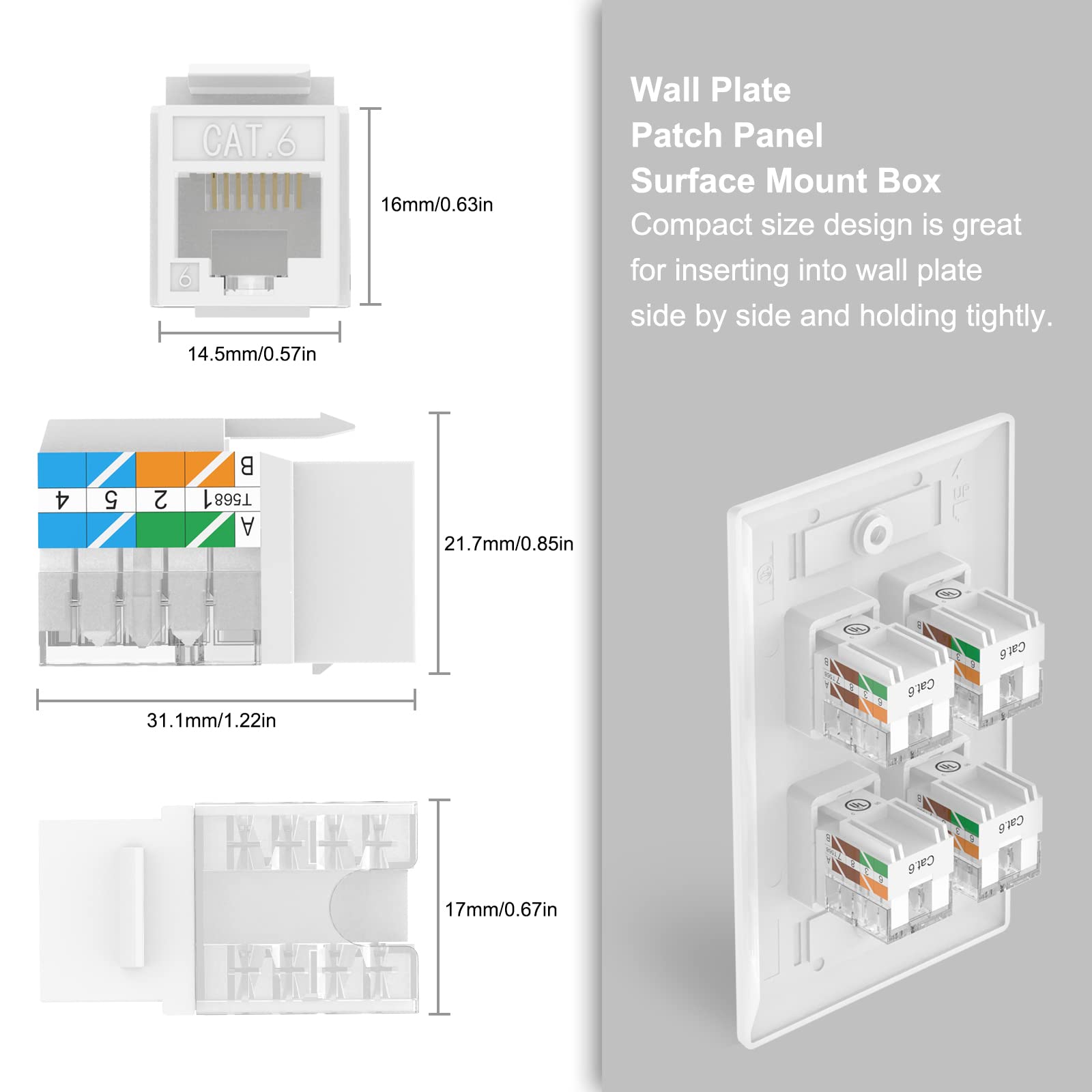 Vcelink Rj45 Cat6 Keystone Jacks Ul Listed Slim Profile, 10 Pack Ethernet Punch Down Keystone Utp, 90 Degree Modular Keystone Co