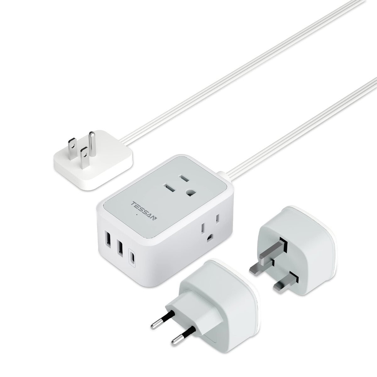 Tessan European Travel Plug Adapter With Power Strip, Eu Uk Travel Extension Cord With 3 Outlet 3 Usb (1 Usb C), International C