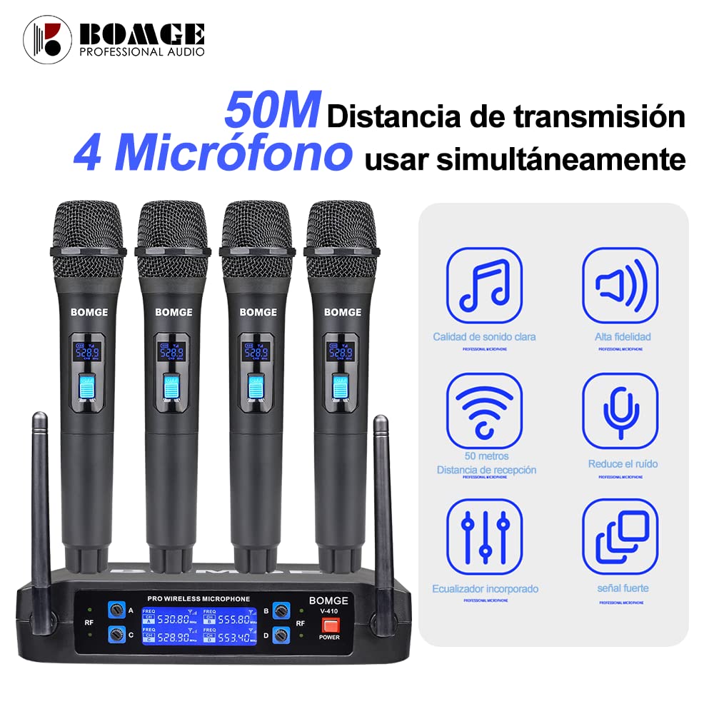 Wireless Microphone System, Bomge Pro 4 Channel Cordless Mic Set With Four Handheld Mics, Fixed Frequency, Long Range 200Ft, Ide