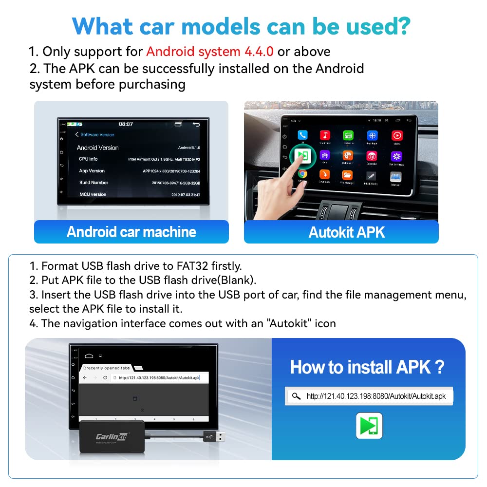 Carlinkit Carplay Dongle Only For Car With Android Head Unit System 4.4.2+,New Upgrade Version,Built In Apk App,Support Wired/Wireless Carplay,Wired/Wireless Android Auto,Online Upgrade Etc.