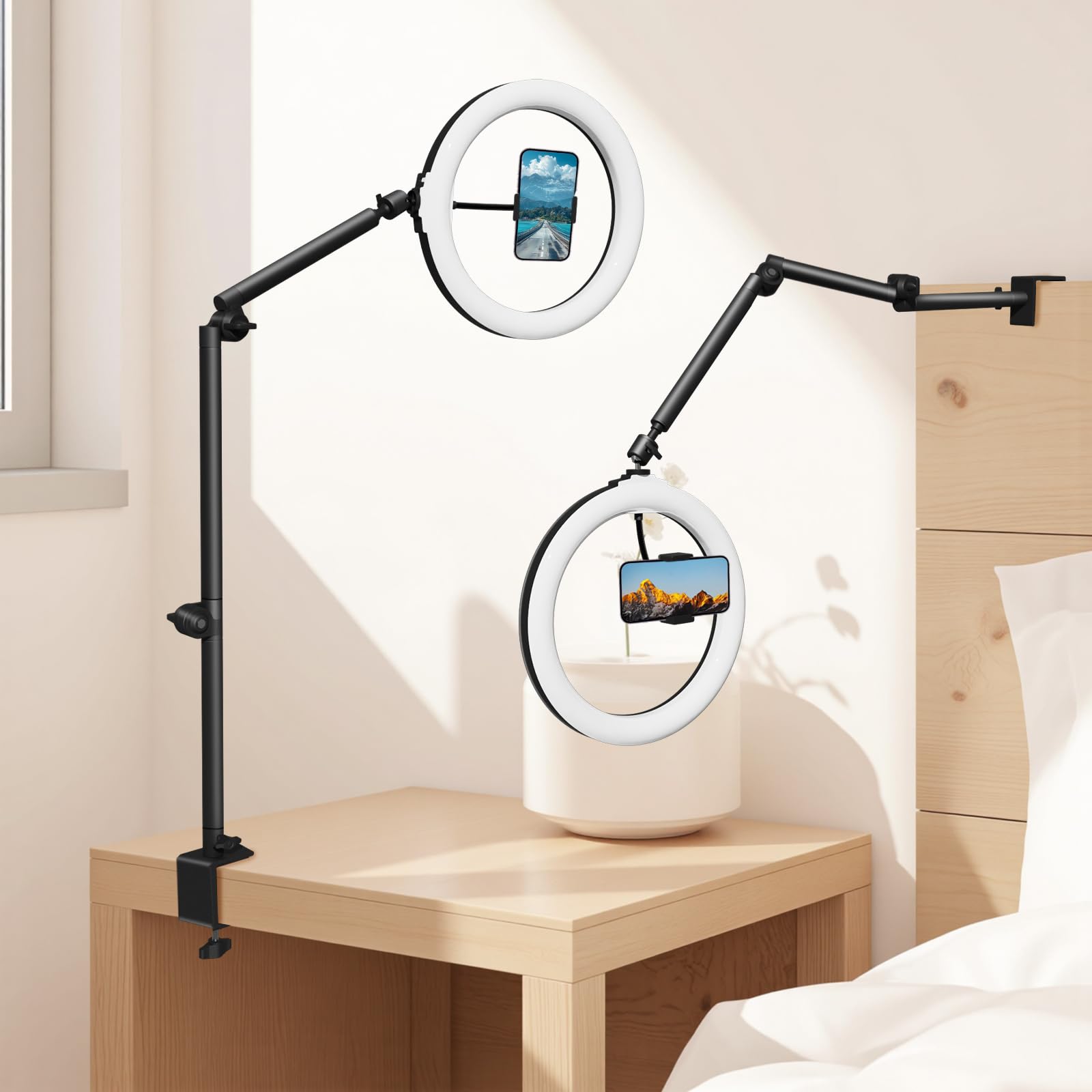 Desk Ring Light With Overhead Camera Mount, 12'' Selfie Rbg Led Lighting With Phone Holder For Video Recording, Tiktok, Streamin