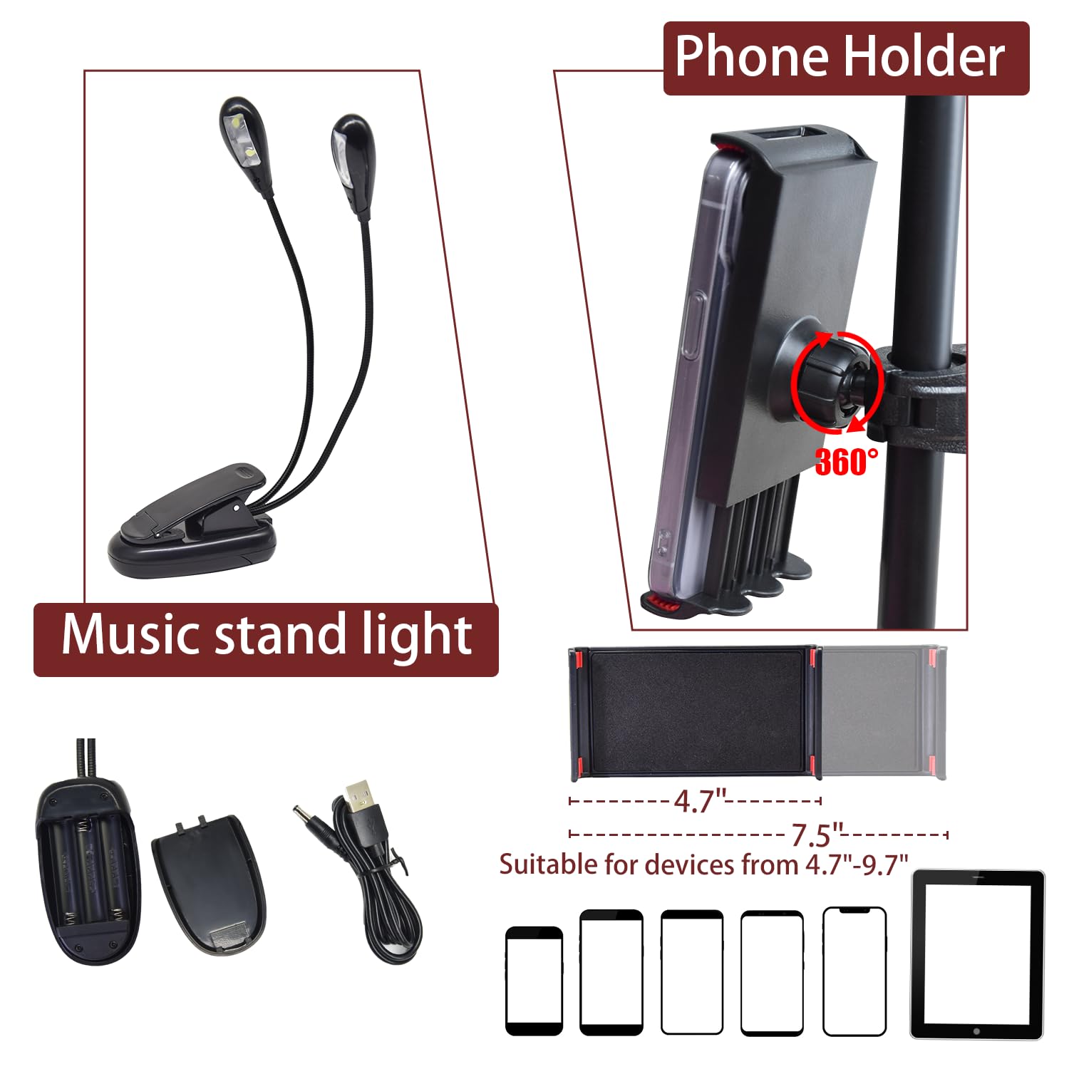 Sheet Music Stand With Light And Phone Holder, 57'' Portable Music Stand For Sheet Music High Stability, Height Adjustable Music