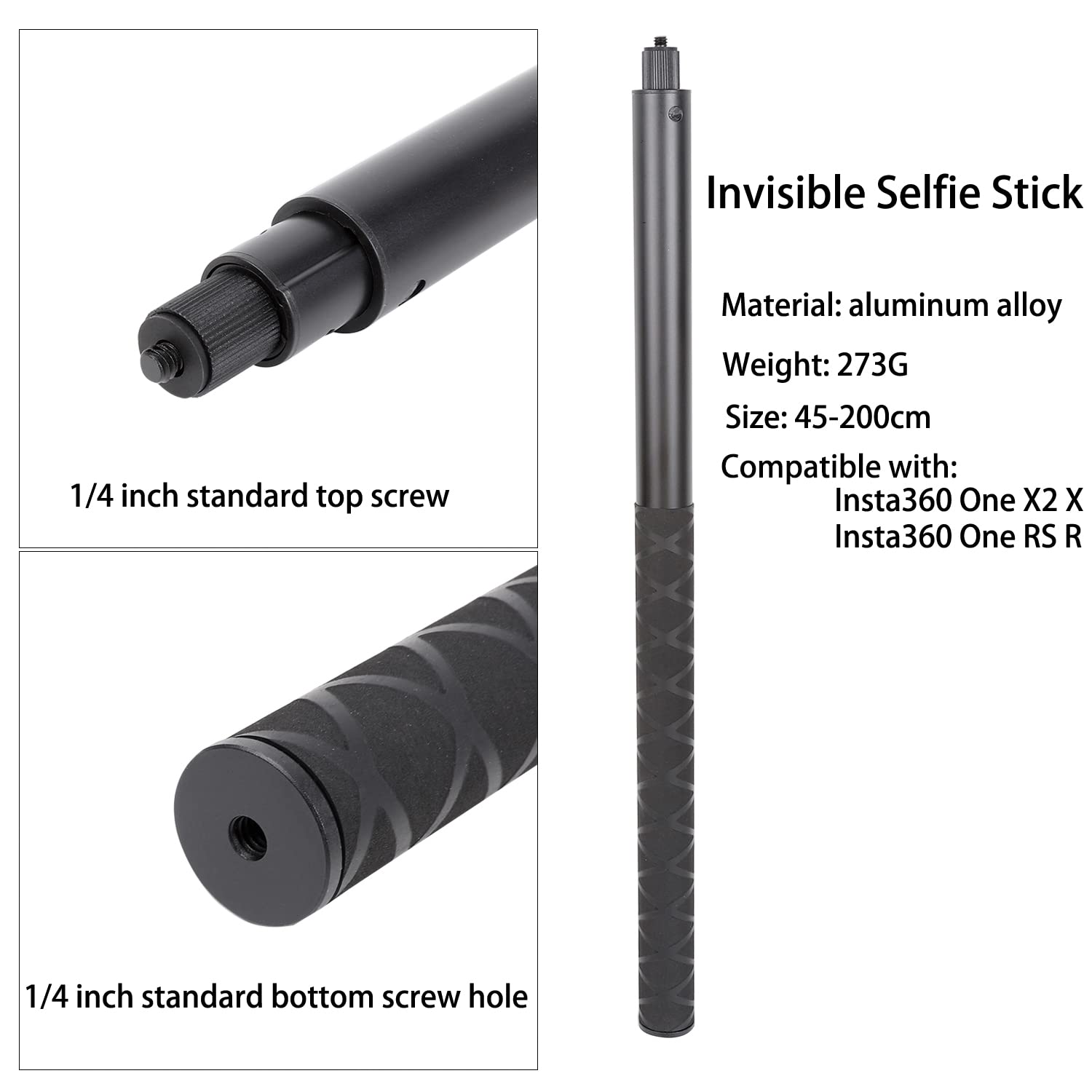 Pellking Long 77Inch Invisible Selfie Stick For Insta360 One X4, X3, X2, X, Insta360 One R, Rs, Insta 360 Camera 1/4' Extended Monopod Pole