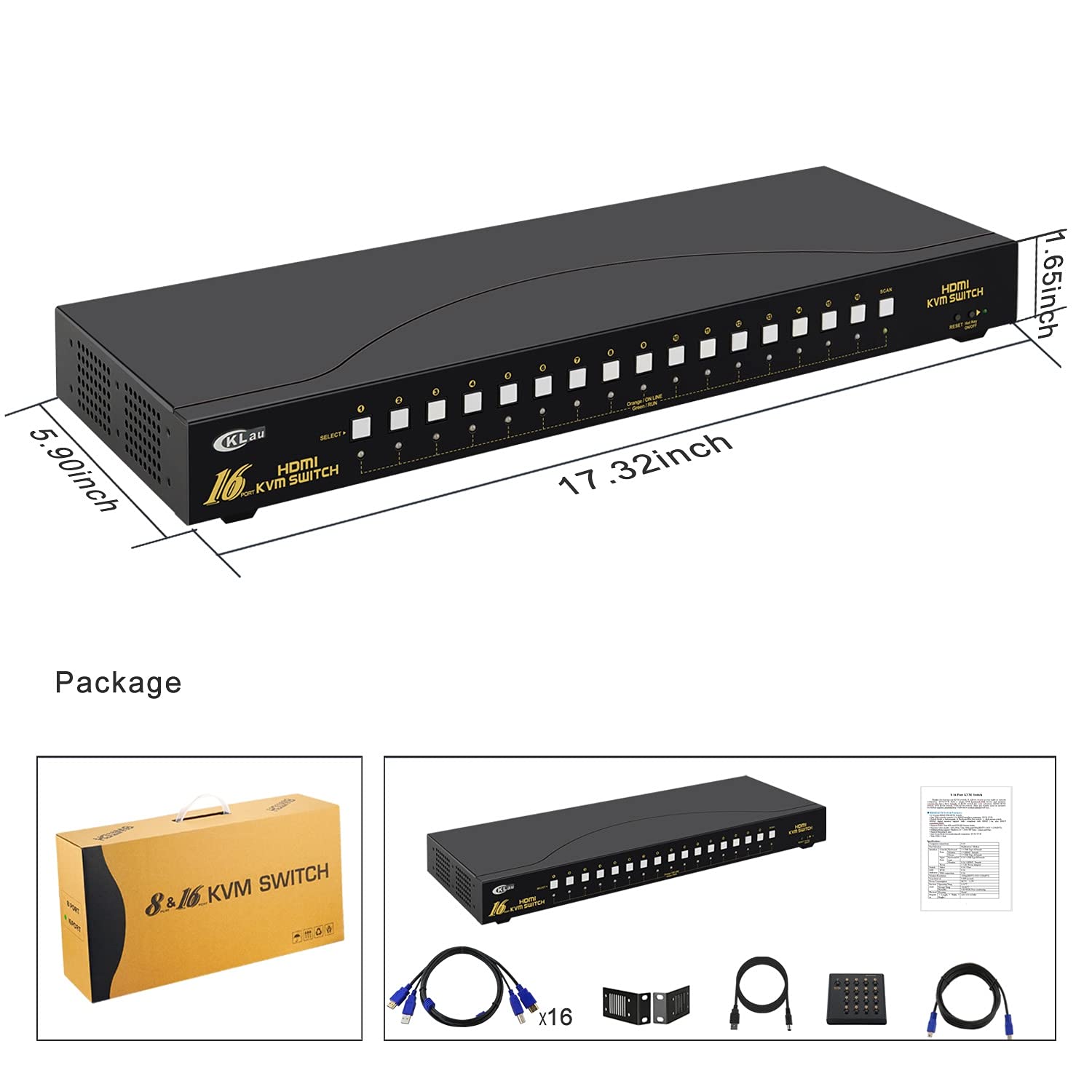 Cklau 4Kx2K Hdmi Kvm Switch 16 Port With Cables, Rack Mount Kvm Switch Support Hdcp, Edid For Windows, Linux, Mac, Debian, Ubunt