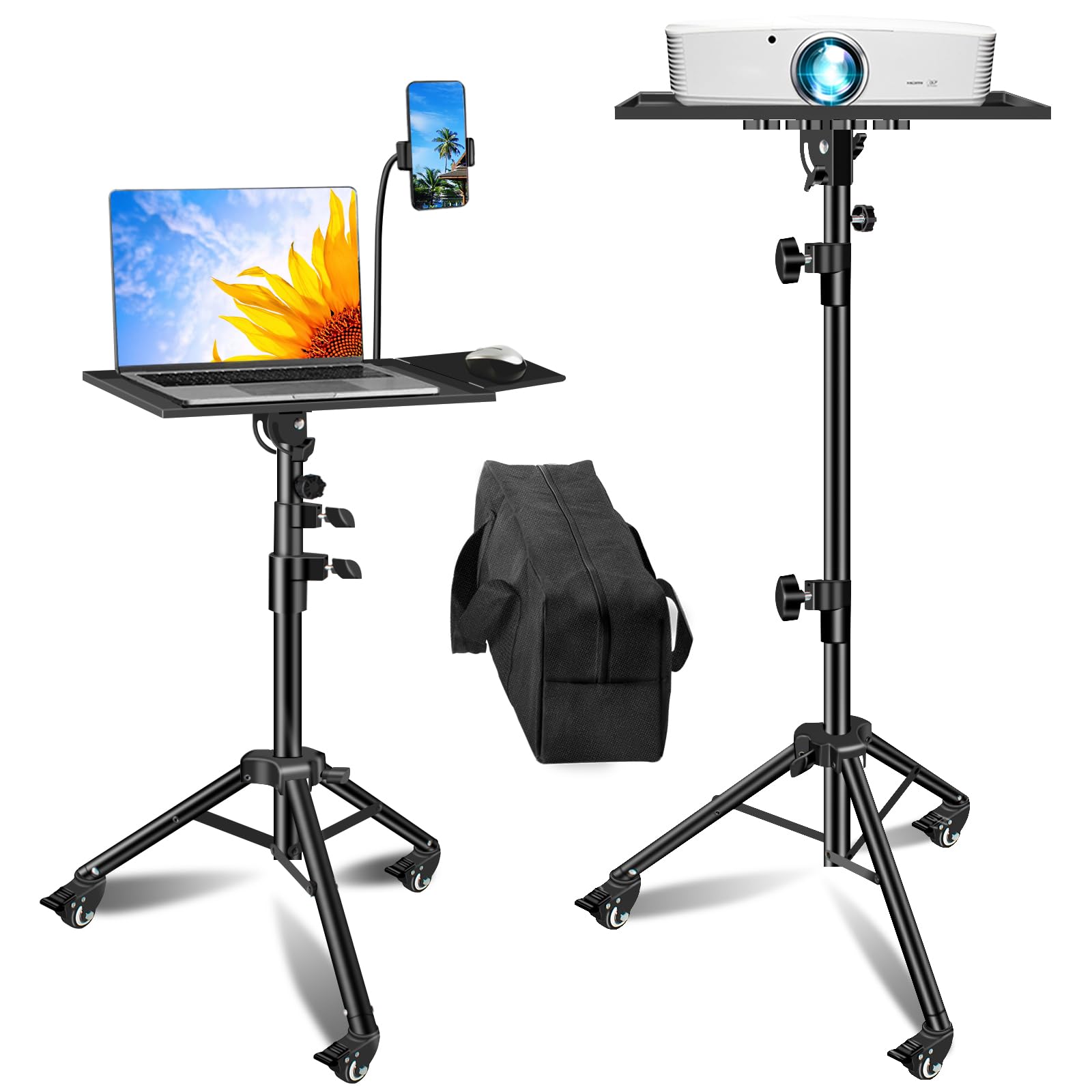 GZGDLJQ Projector Stand with Wheels, Laptop Tripod from 29 to 69 with Mouse Tray, Adjustable Height DJ Racks Stands with Goosene