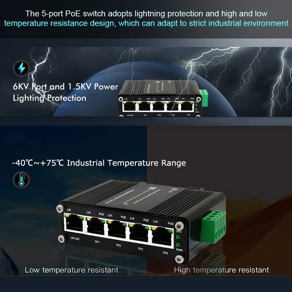 Mini Industrial 5 Ports Gigabit Poe Switch Hardened 5 Port Rj45 10/100/1000Mbps 802.3At Ethernet Switch Din Rail Mount Poe+ Swit